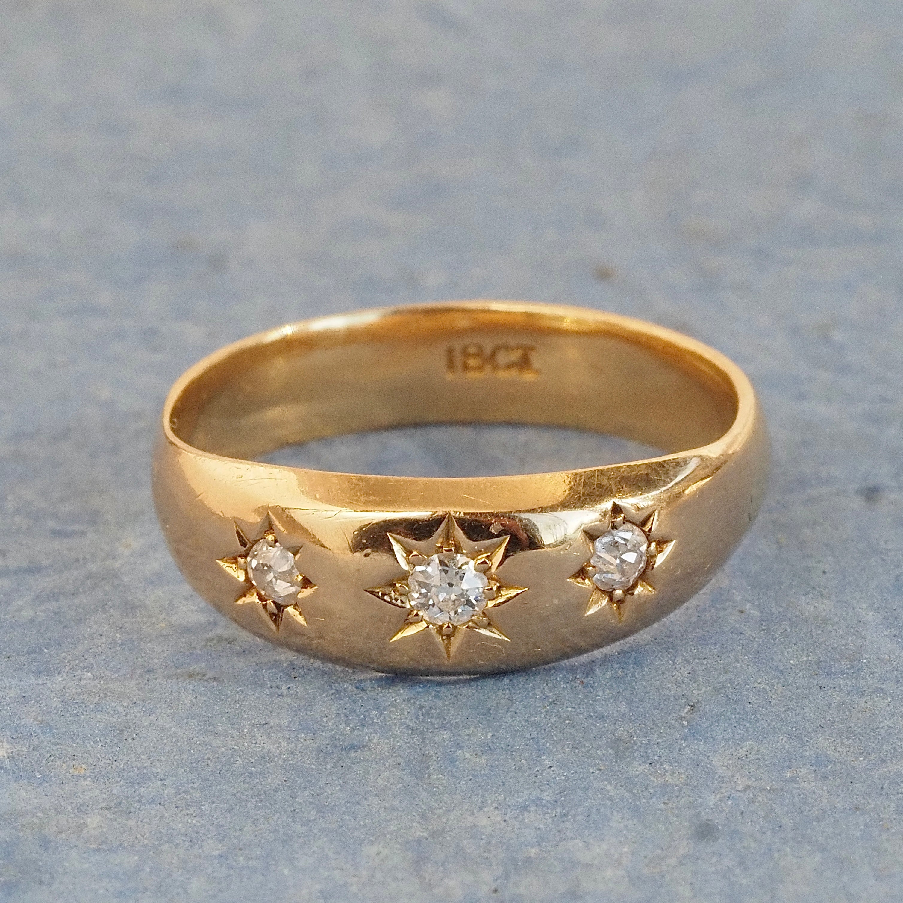 Antique English Starburst Flush Set Old Mine Cut Diamond Trilogy 18k Gold Ring