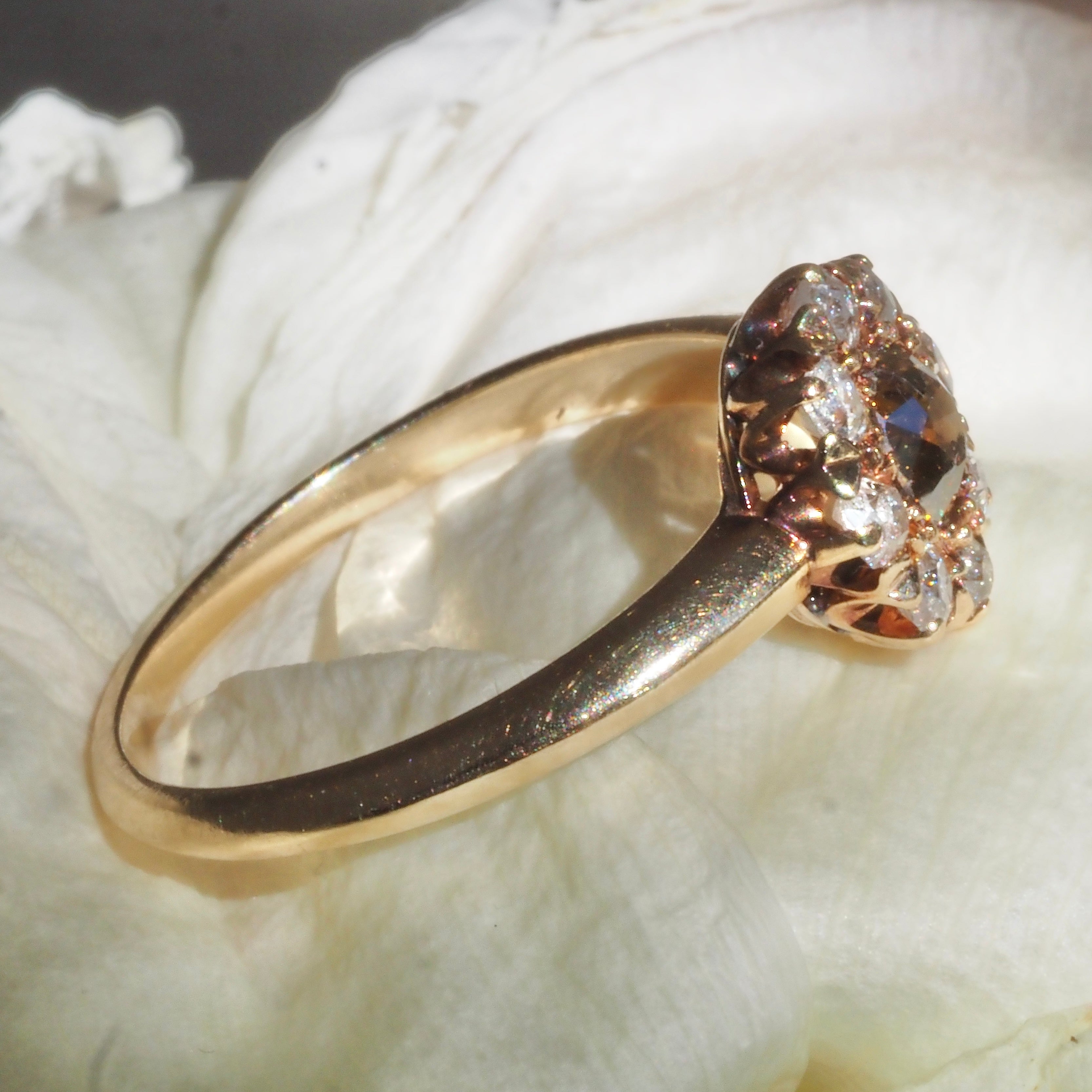 Antique Edwardian Brown Old European Cut Diamond Halo Cluster 14k Gold Engagement Ring