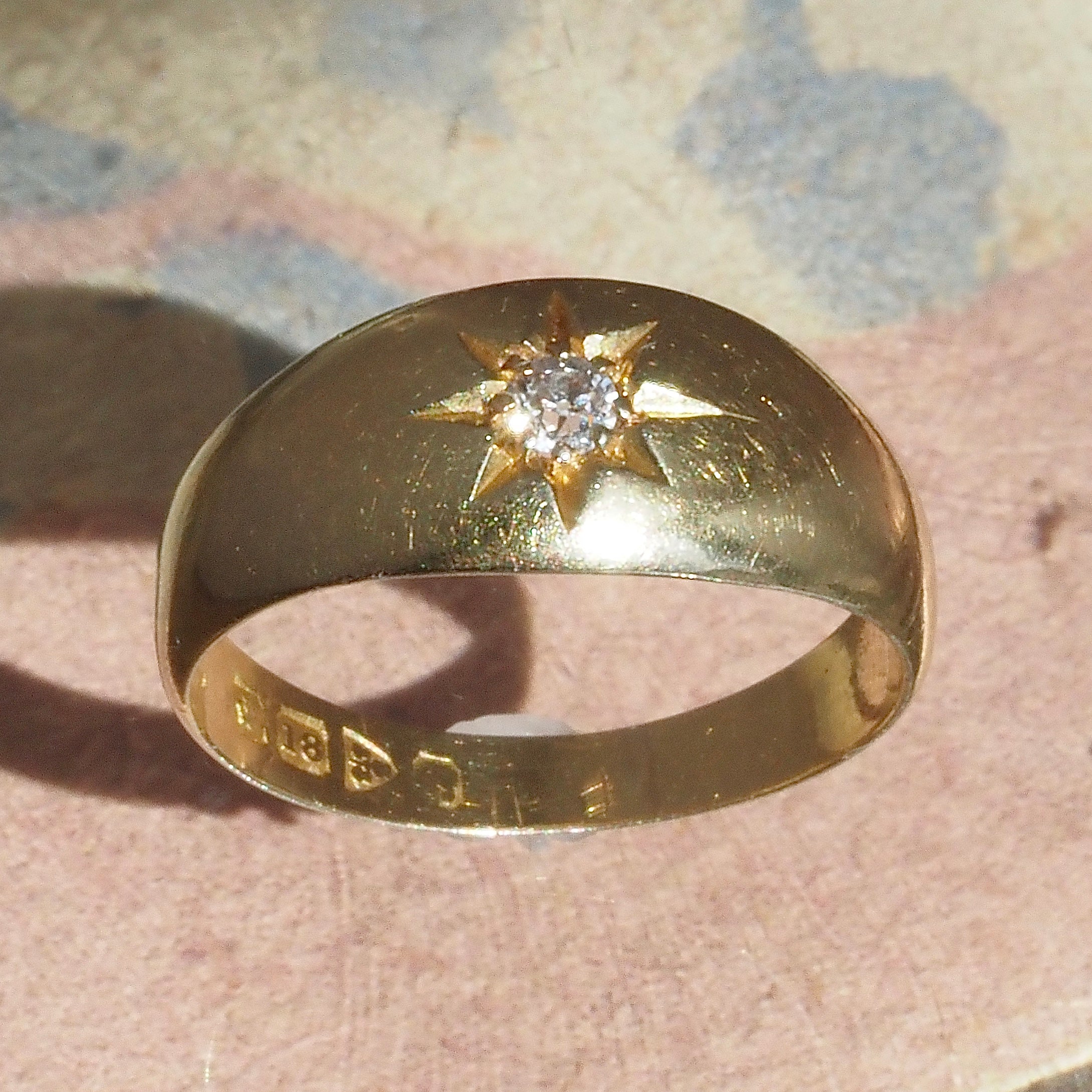 Antique English Old Mine Cut Diamond Flush Set Starburst 18k Gold Ring