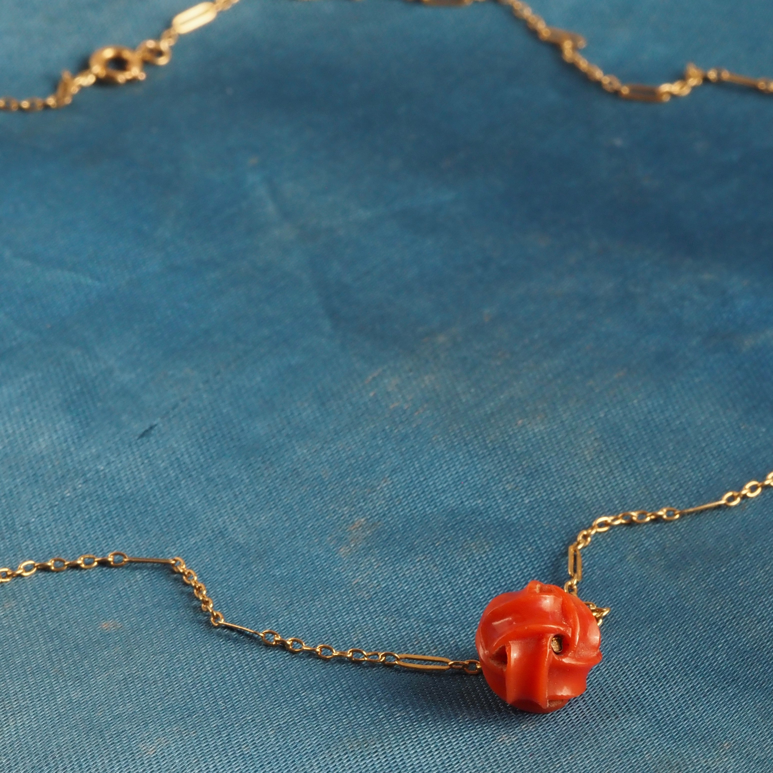 Antique Portuguese Carved Woven Coral Ball 19k Gold Necklace
