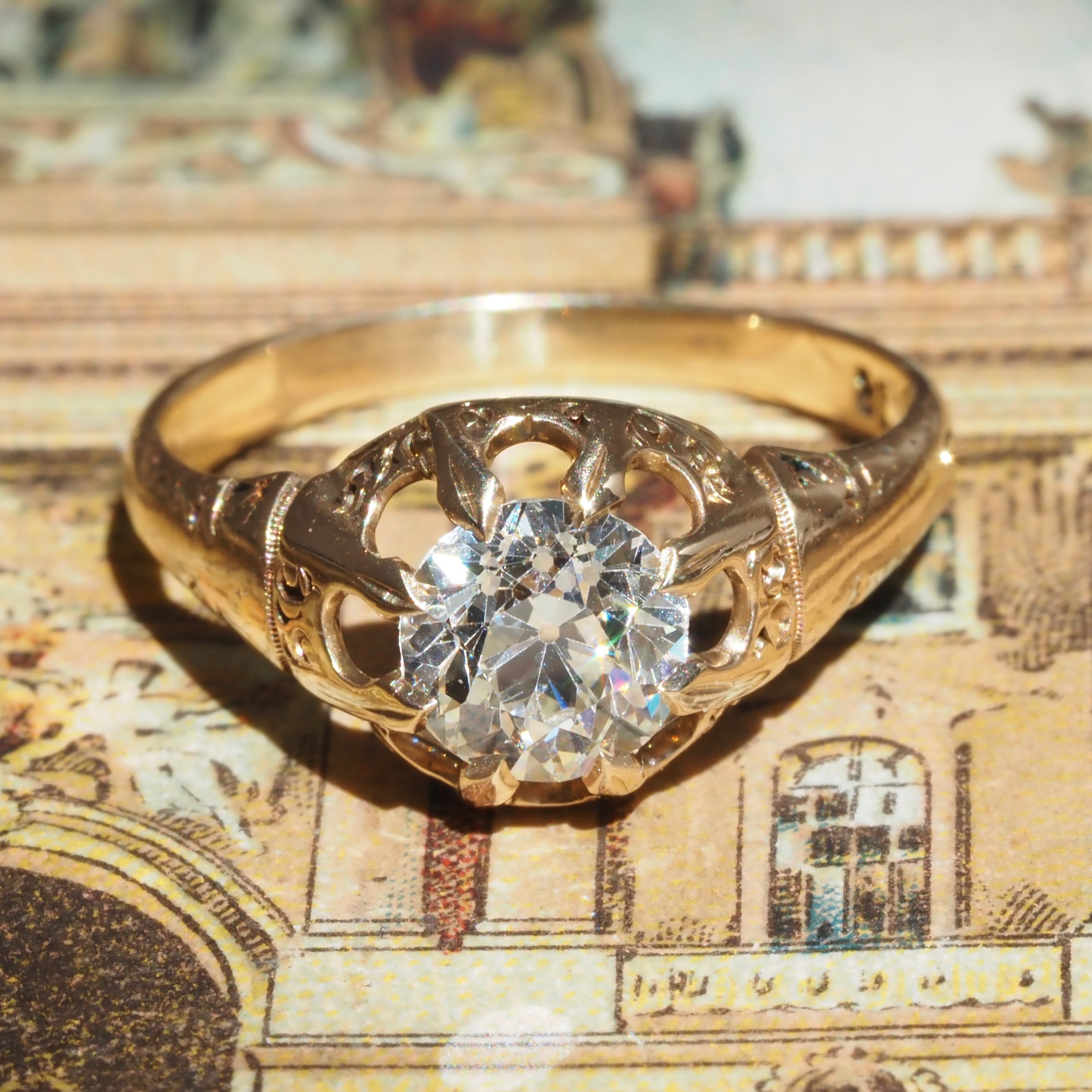 Antique Victorian Old European Cut Diamond Belcher 18k Gold Engagement Ring