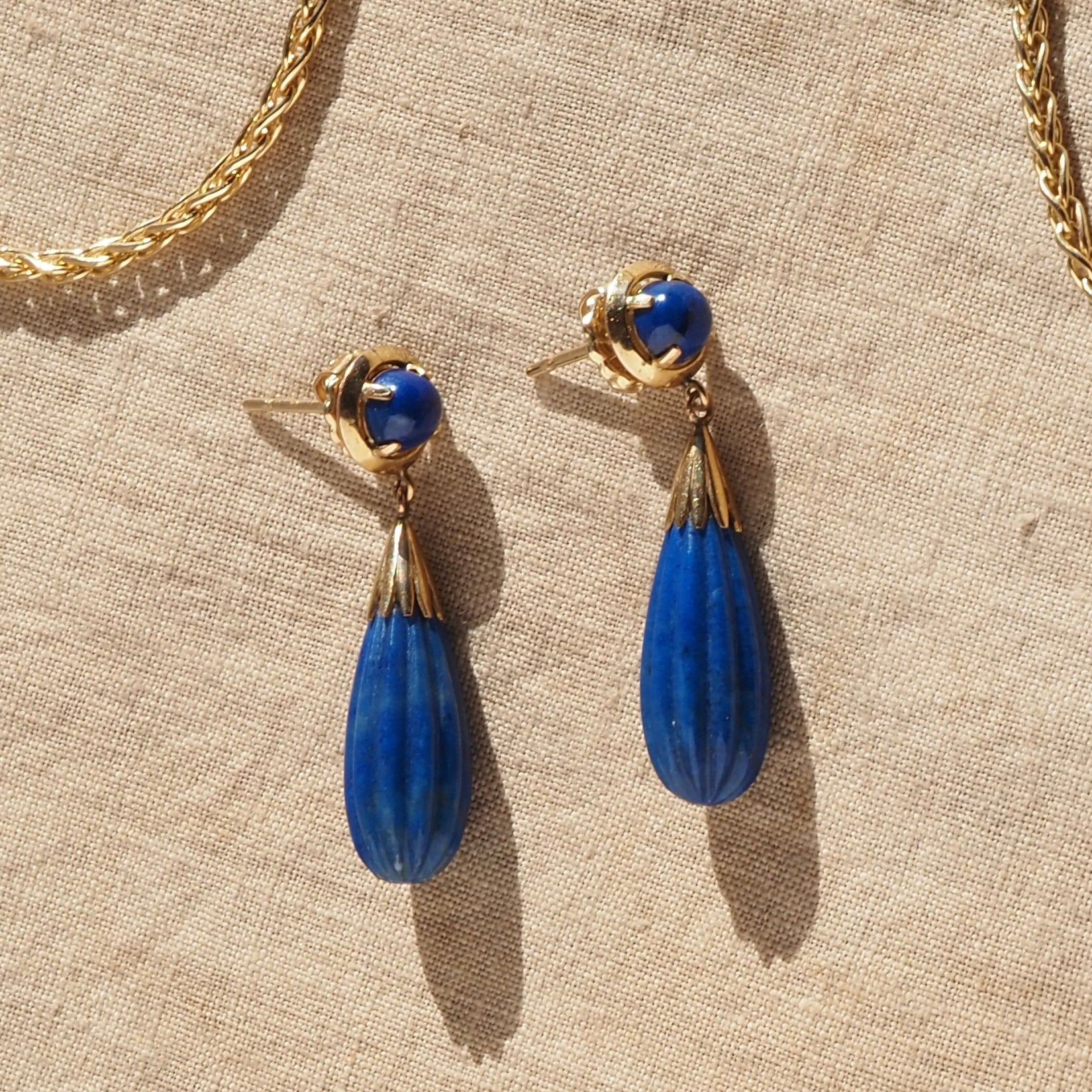 Vintage Lapis 10k Gold Drop Earrings