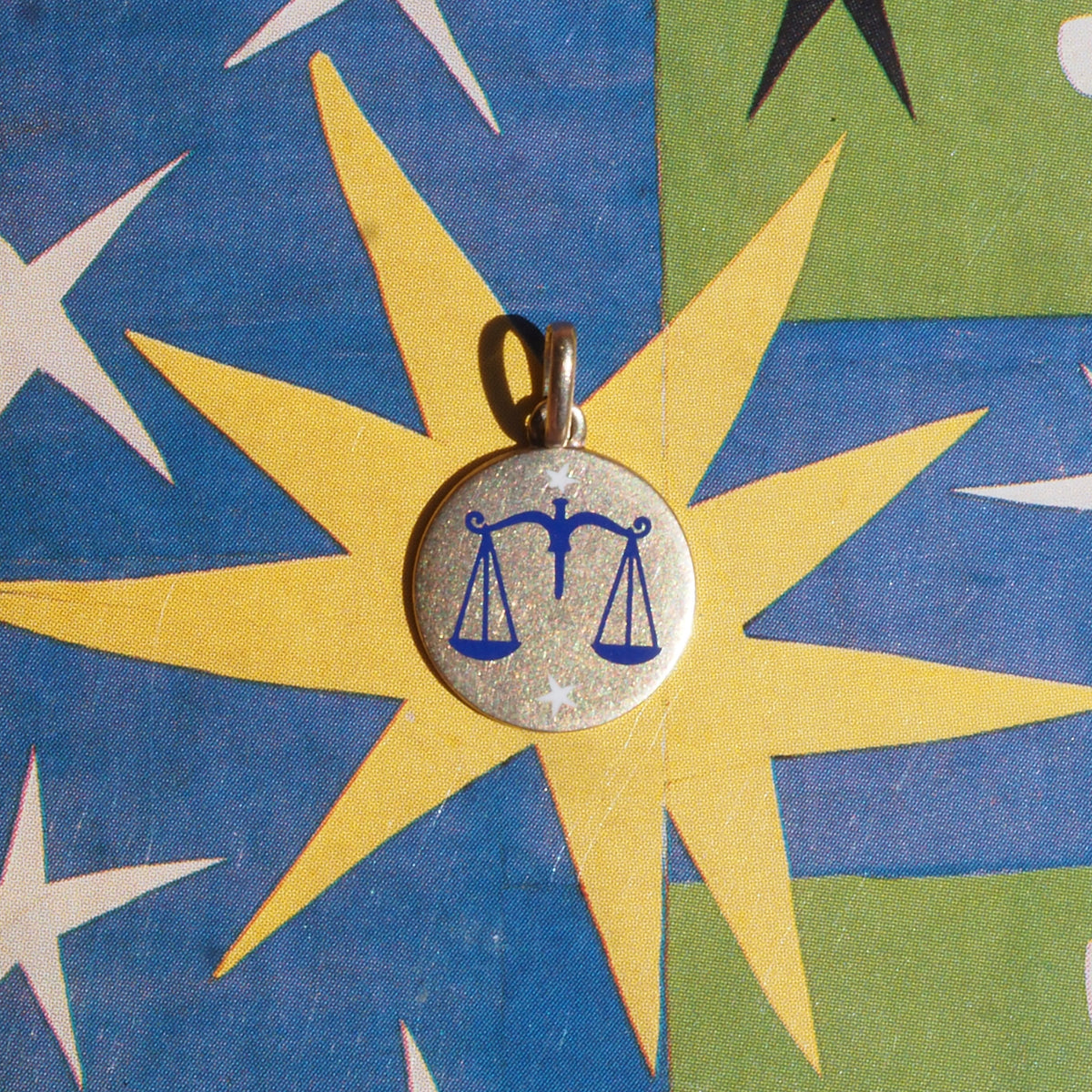 Mid-Century Italian Libra 18k Gold Starry Enamel Zodiac Pendant