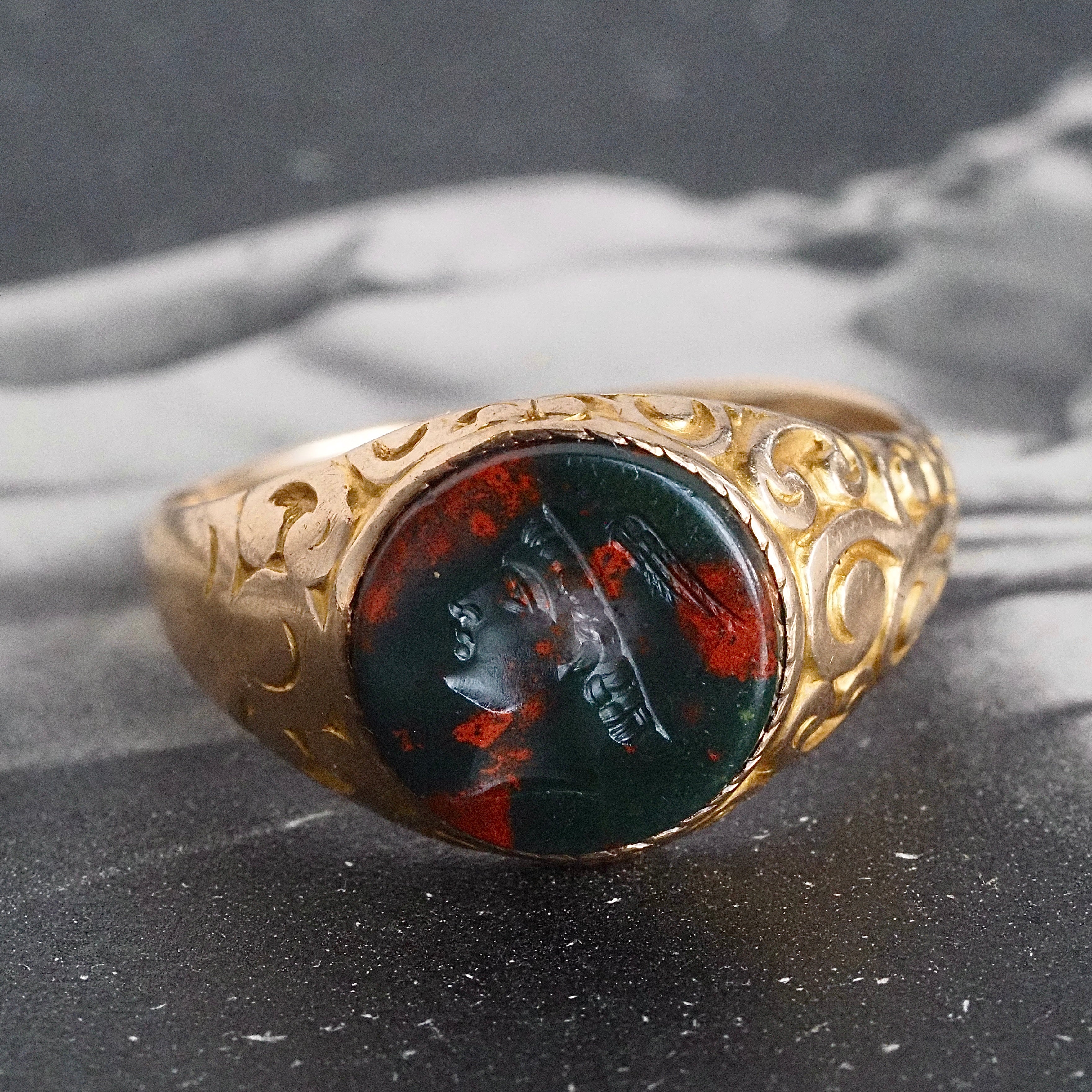 Antique Victorian Hermes/Mercury Intaglio Bloodstone 10k Gold Signet Ring