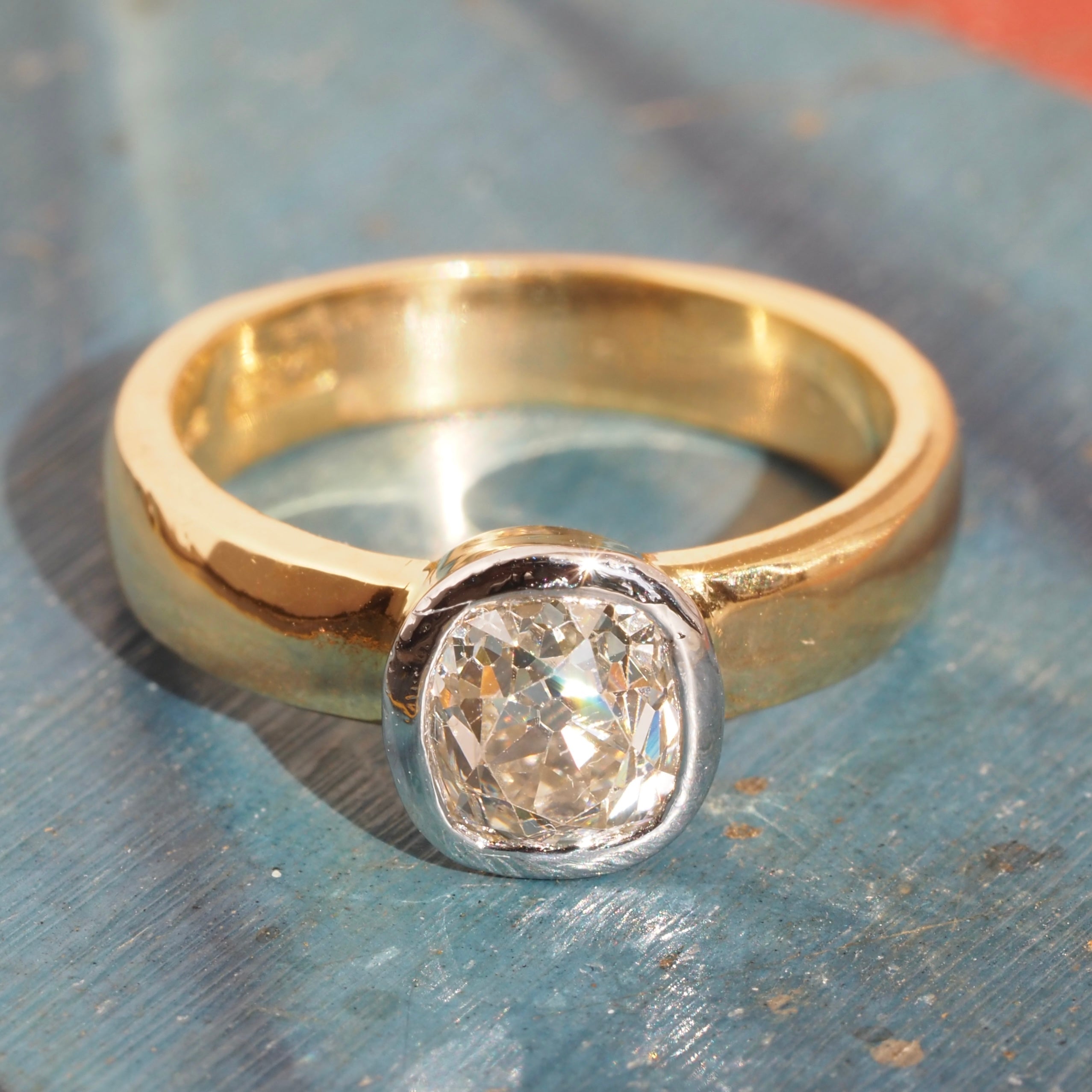 Vintage English 22k Gold Platinum Bezel Set 1.10ct Old Mine Cut Diamond Engagement Ring