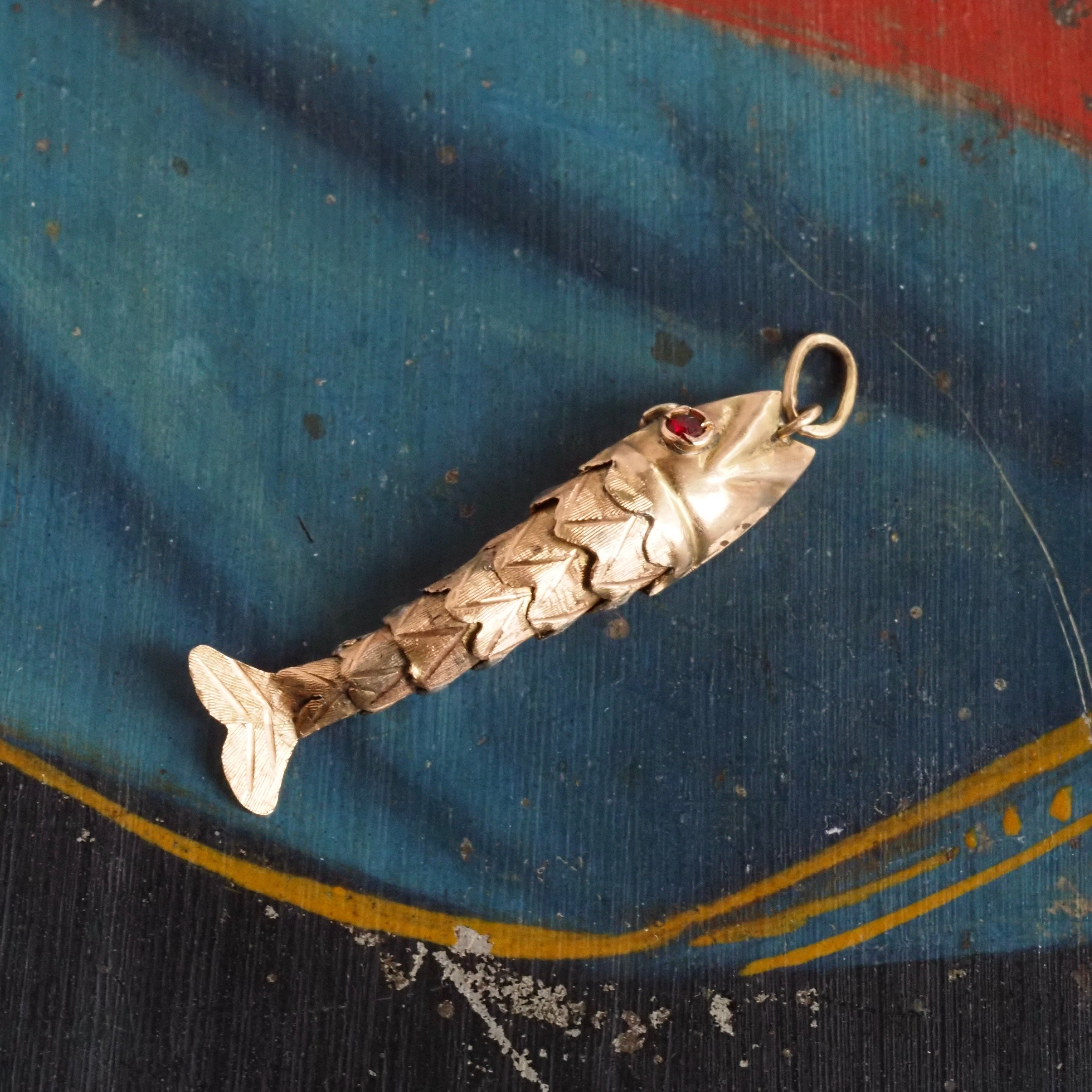Vintage 14k Gold & Ruby Paste Articulated Fish Charm