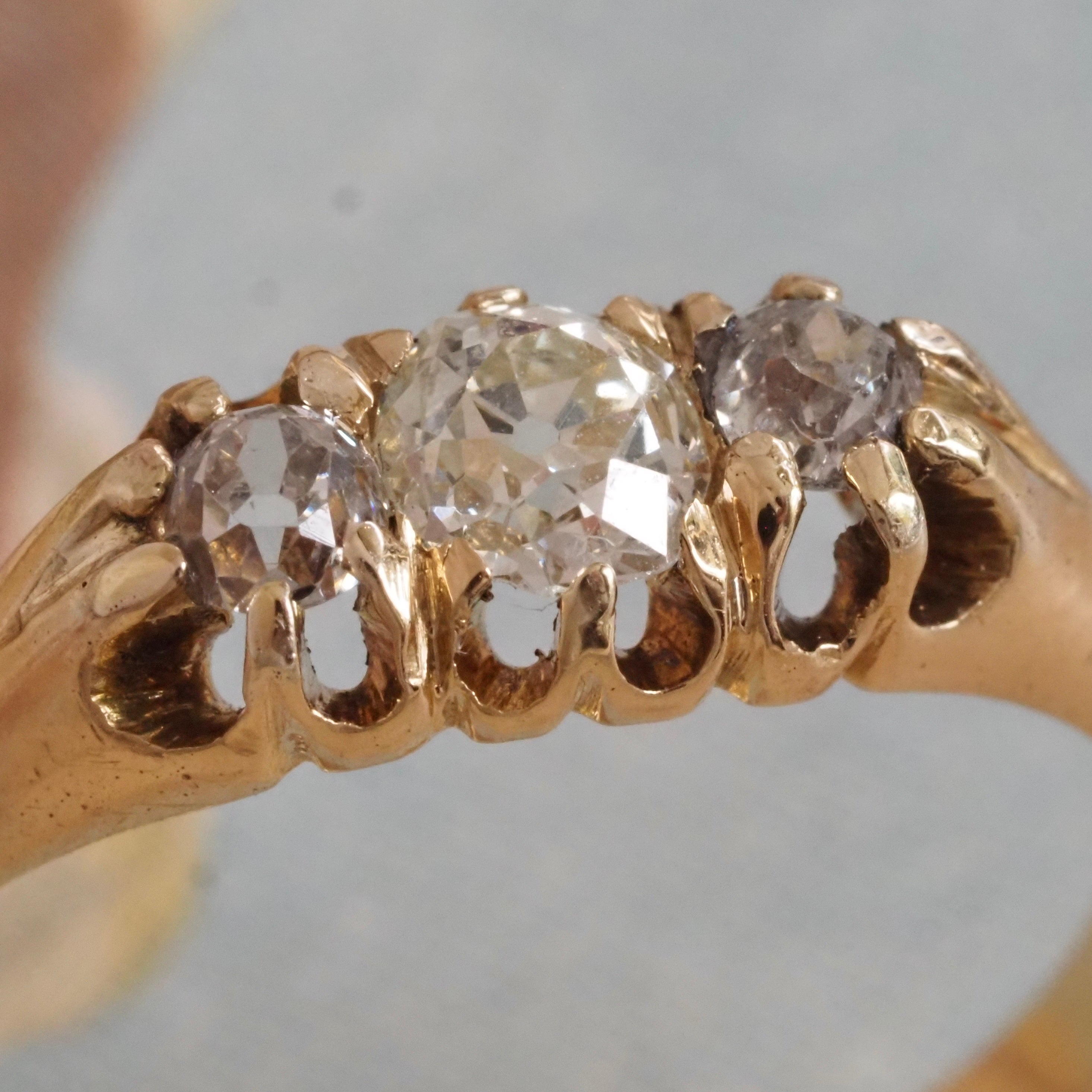 Antique English c.1905 Old Mine Cut Diamond Trilogy 18k Gold Ring