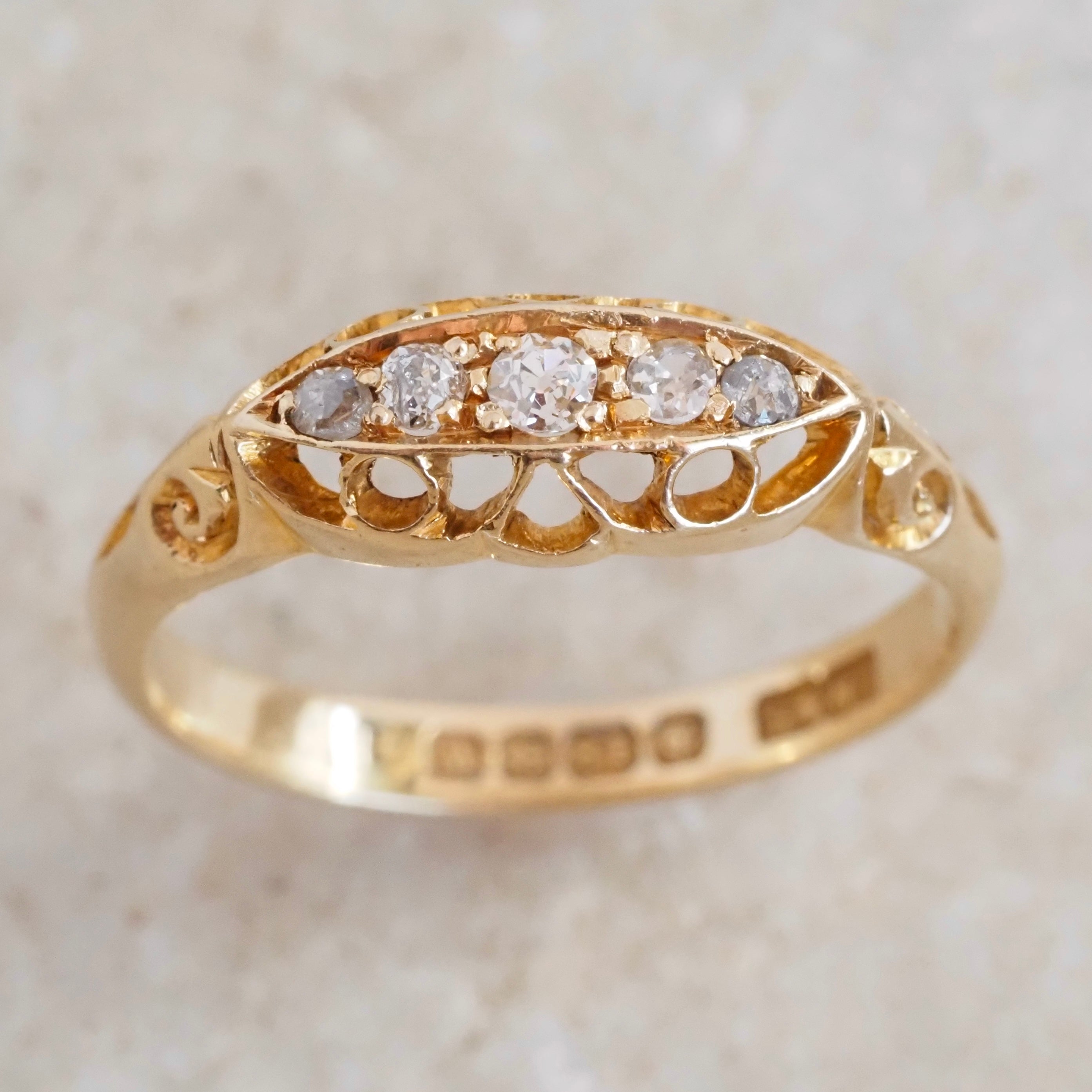Antique c. 1921 English 18k Gold Five Stone Diamond Boat Ring