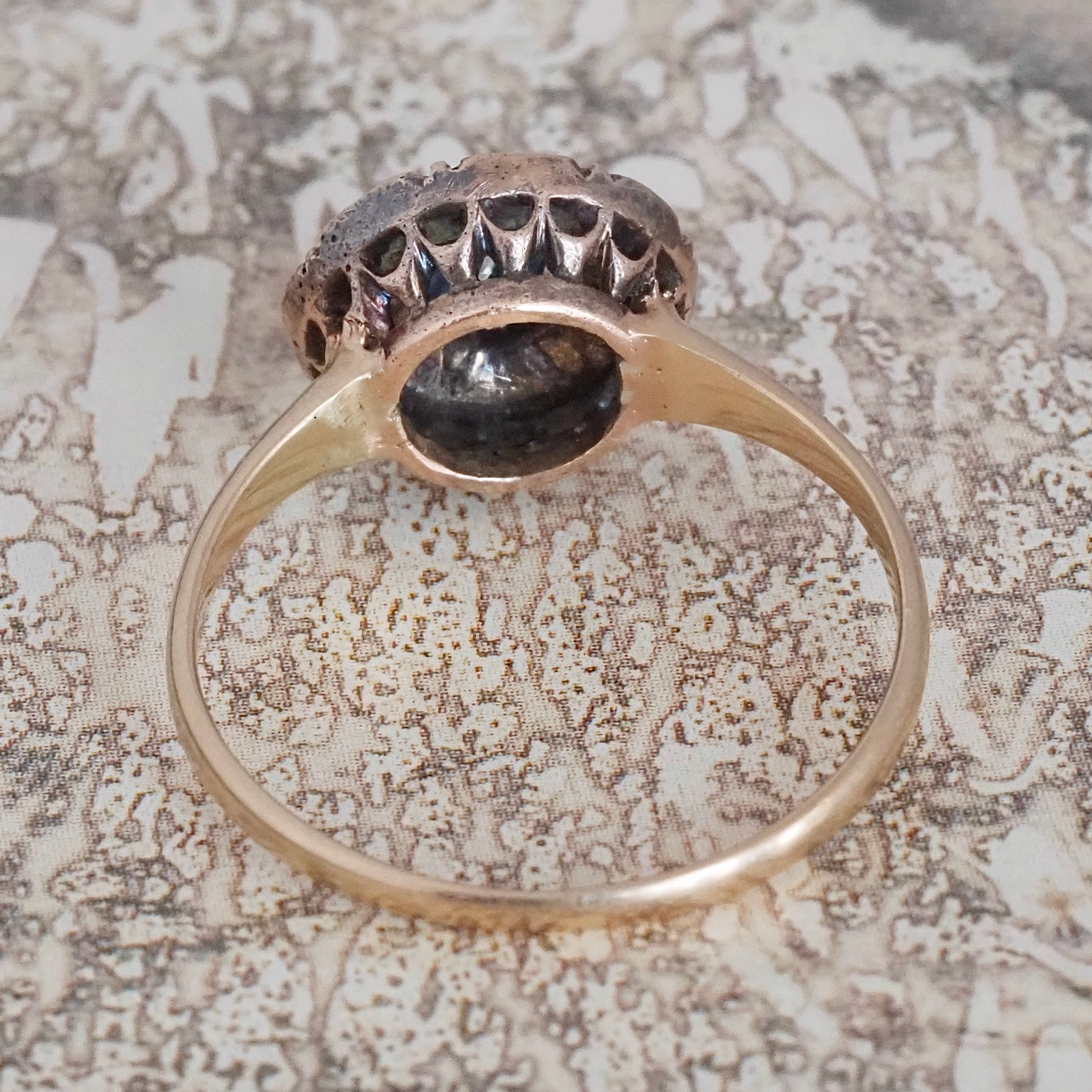 Antique Victorian Natural Sapphire and Rose Cut Diamond Halo 14k Gold Ring