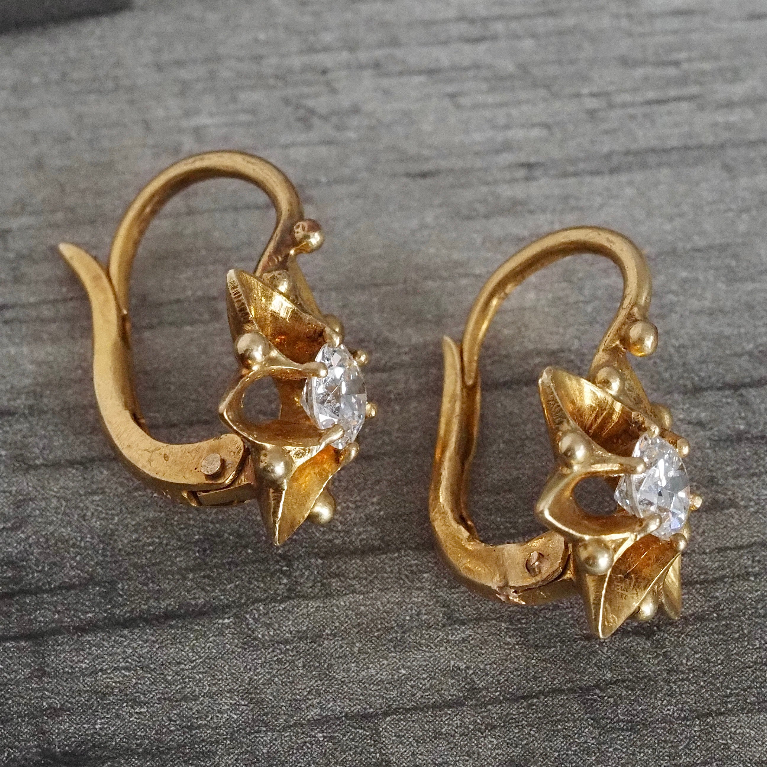 Antique Old European Cut Diamond Flower/Snowflake Hingeback 18k Gold Earrings