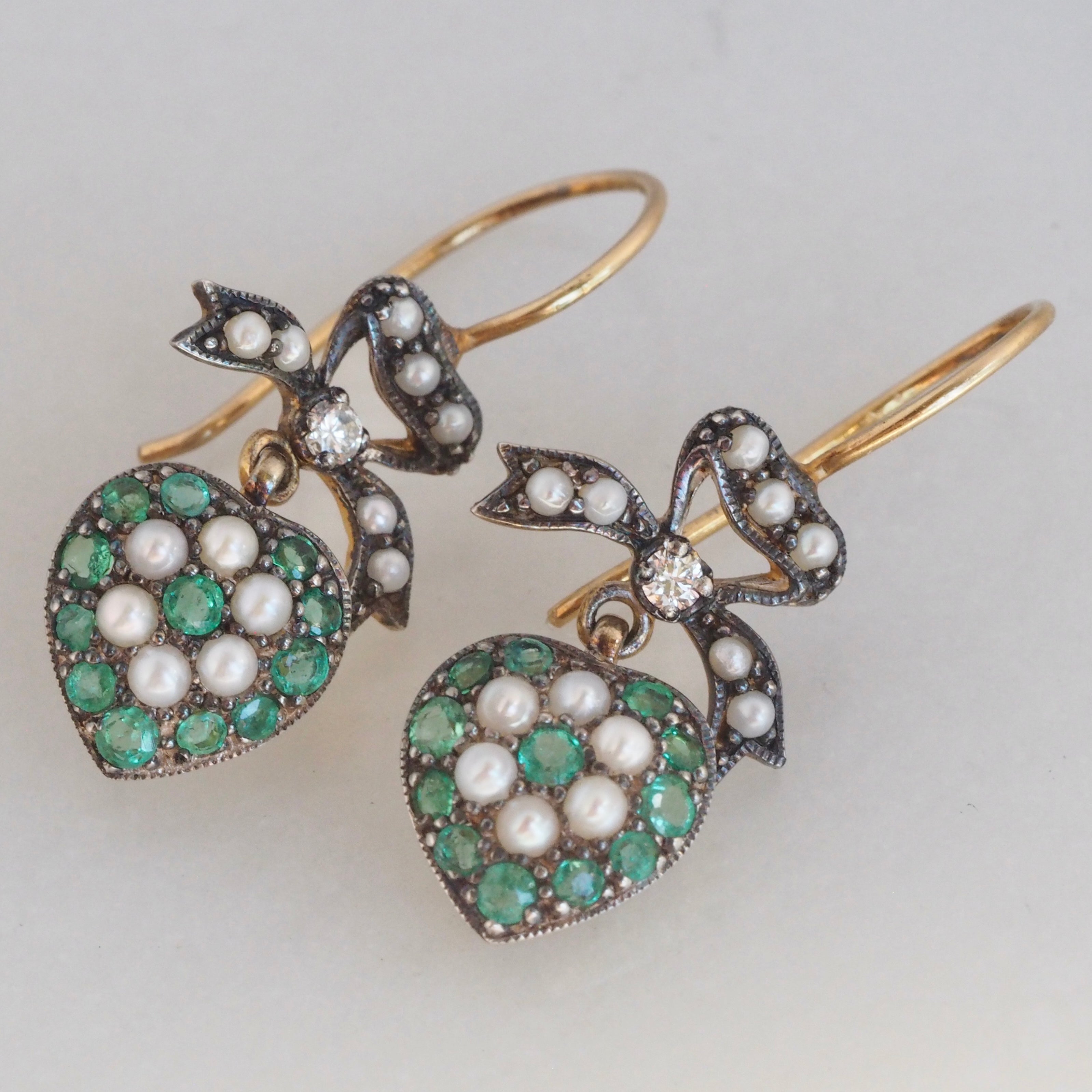 Vintage English 14k Gold Emerald Diamond and Pearl Heart Ribbon Earrings