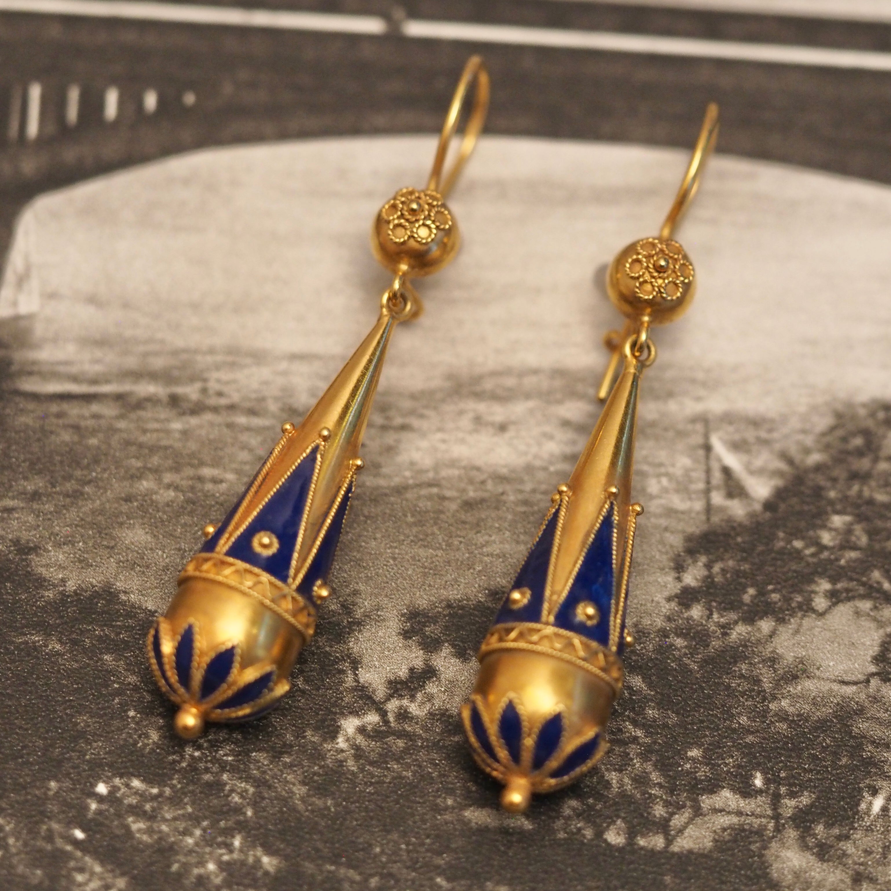 Antique English Victorian 15k Gold and Enamel Torpedo Earrings