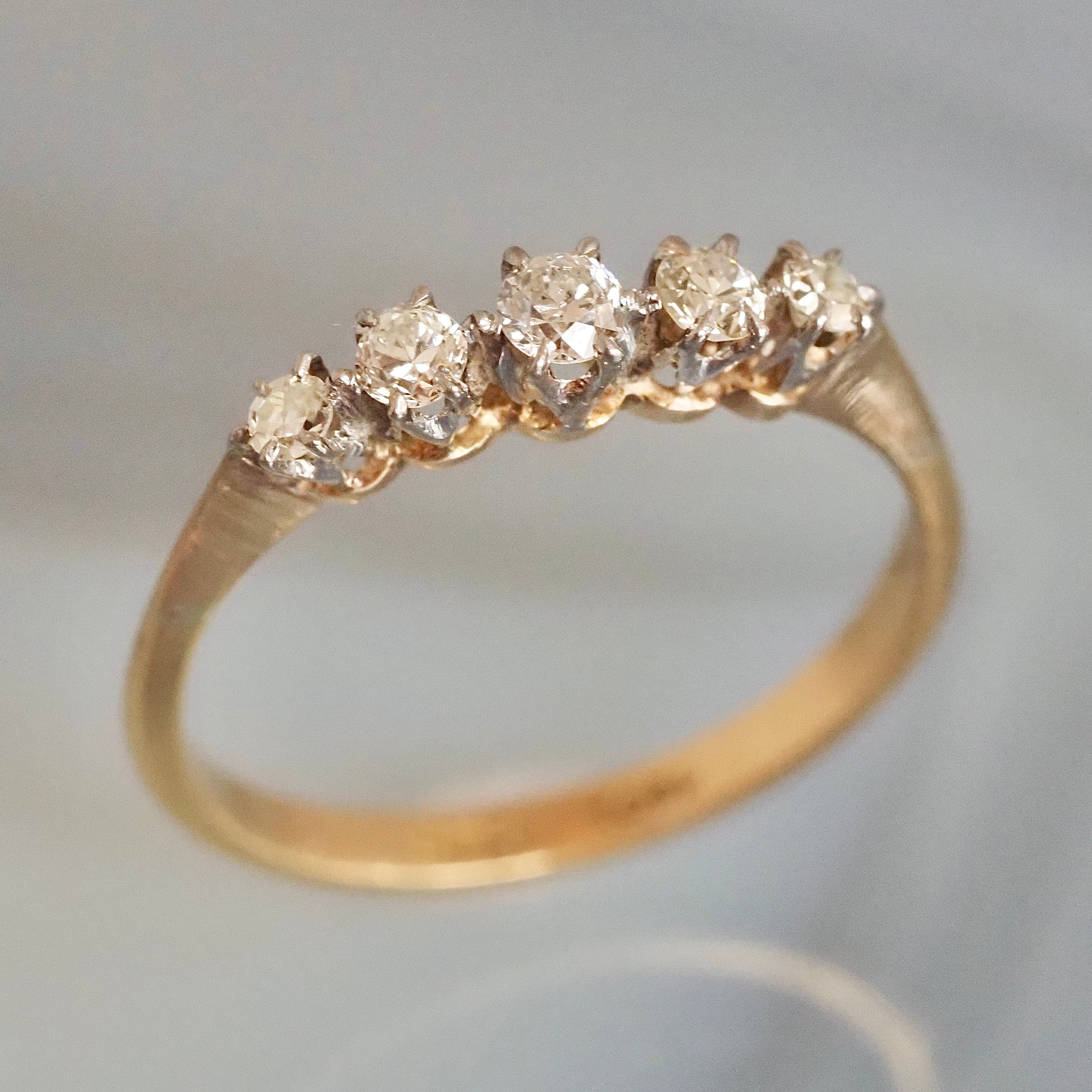 Antique English 18k Gold and Platinum Five Stone Old Mine Cut Diamond Ring