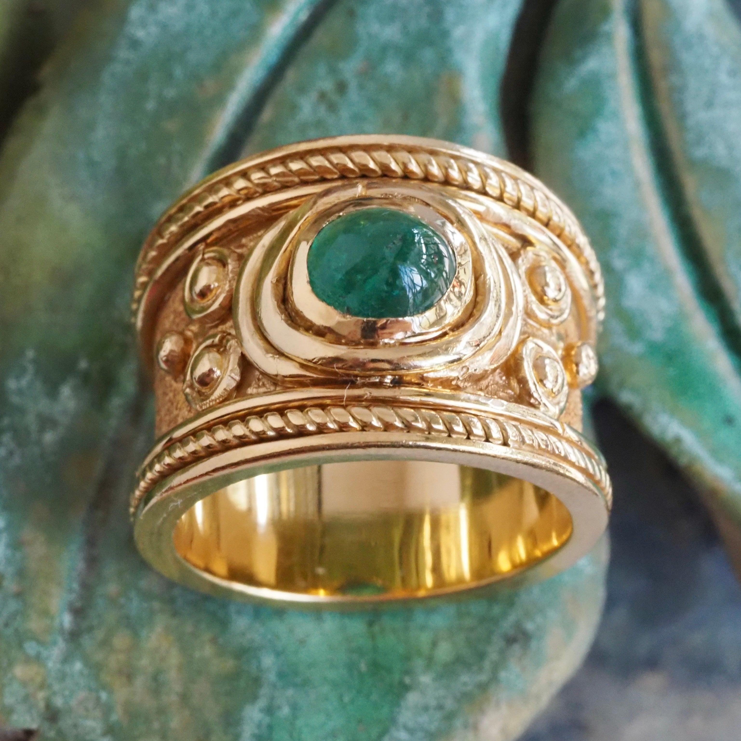 Etruscan Style Emerald Cabochon 18k Gold Wide Ring