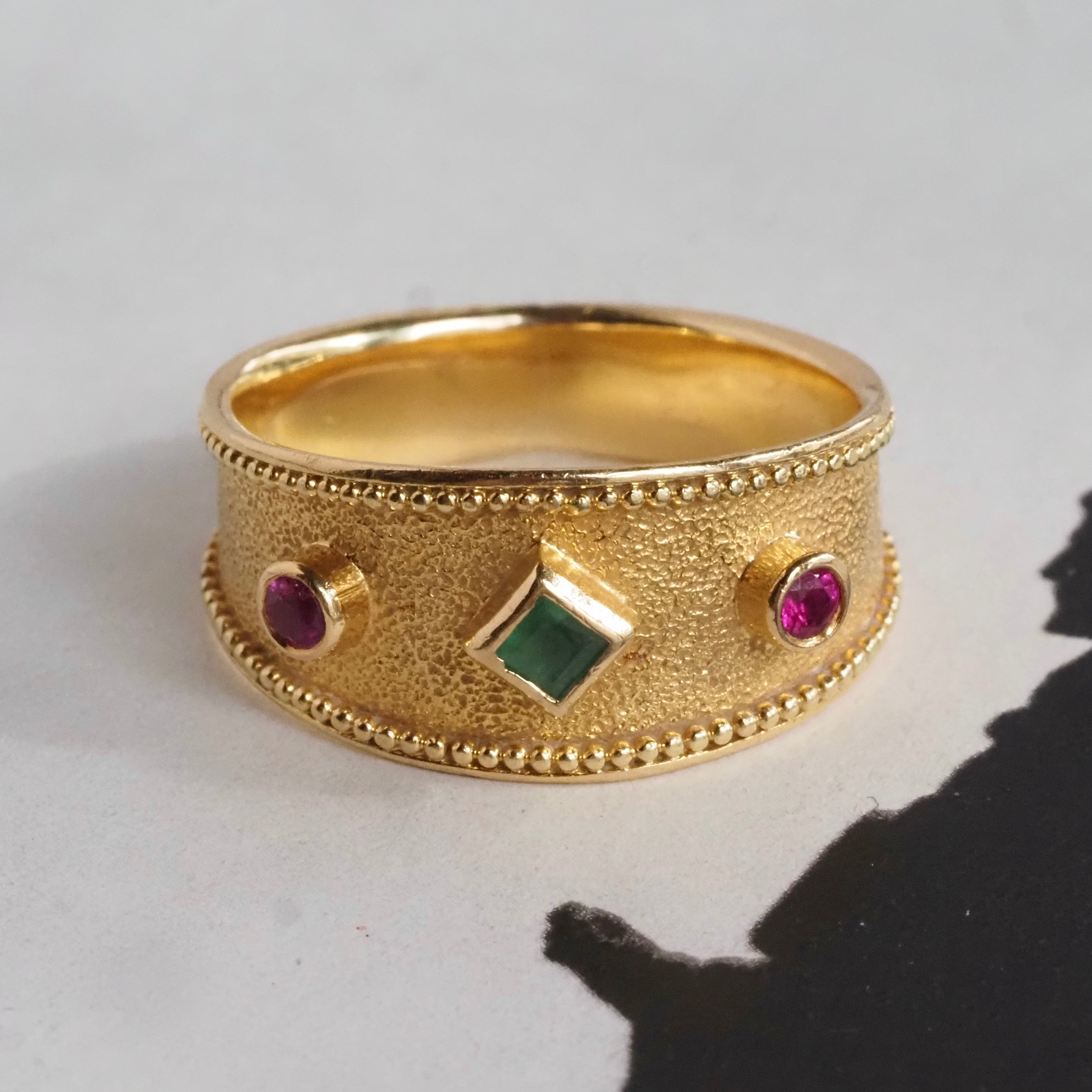 Vintage Ancient Greek Style Ruby and Emerald Tapered Band