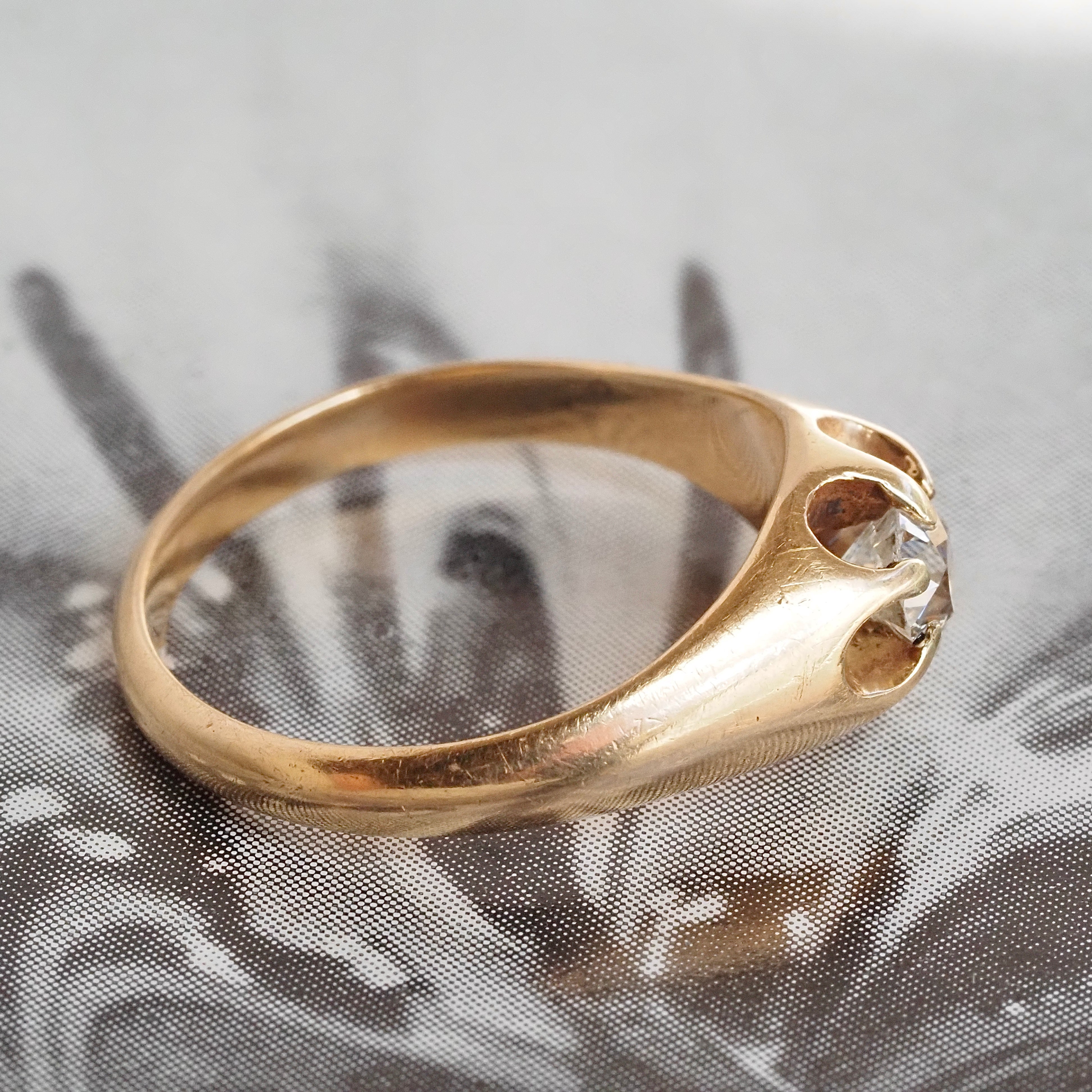 Antique Old Mine Cut Diamond Belcher Set 14k Gold Engagement Ring