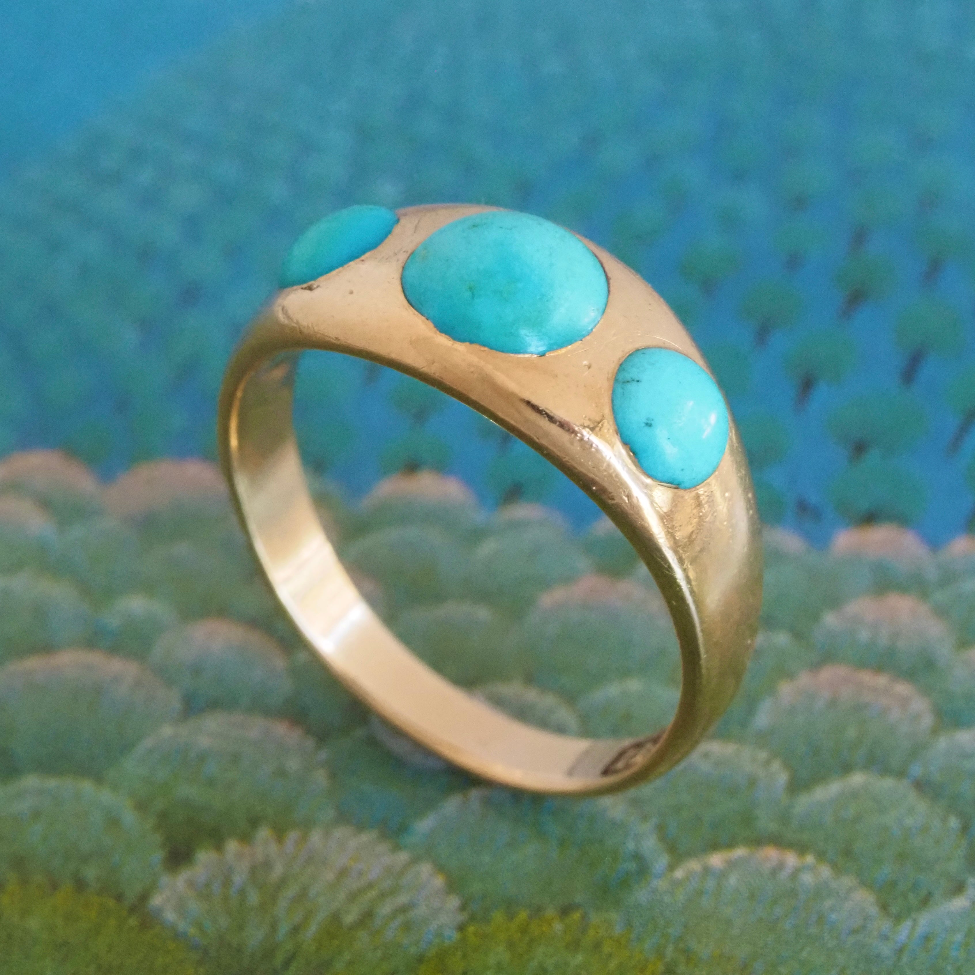 Antique Victorian Turquoise Flush Set Trilogy 18k Gold Ring