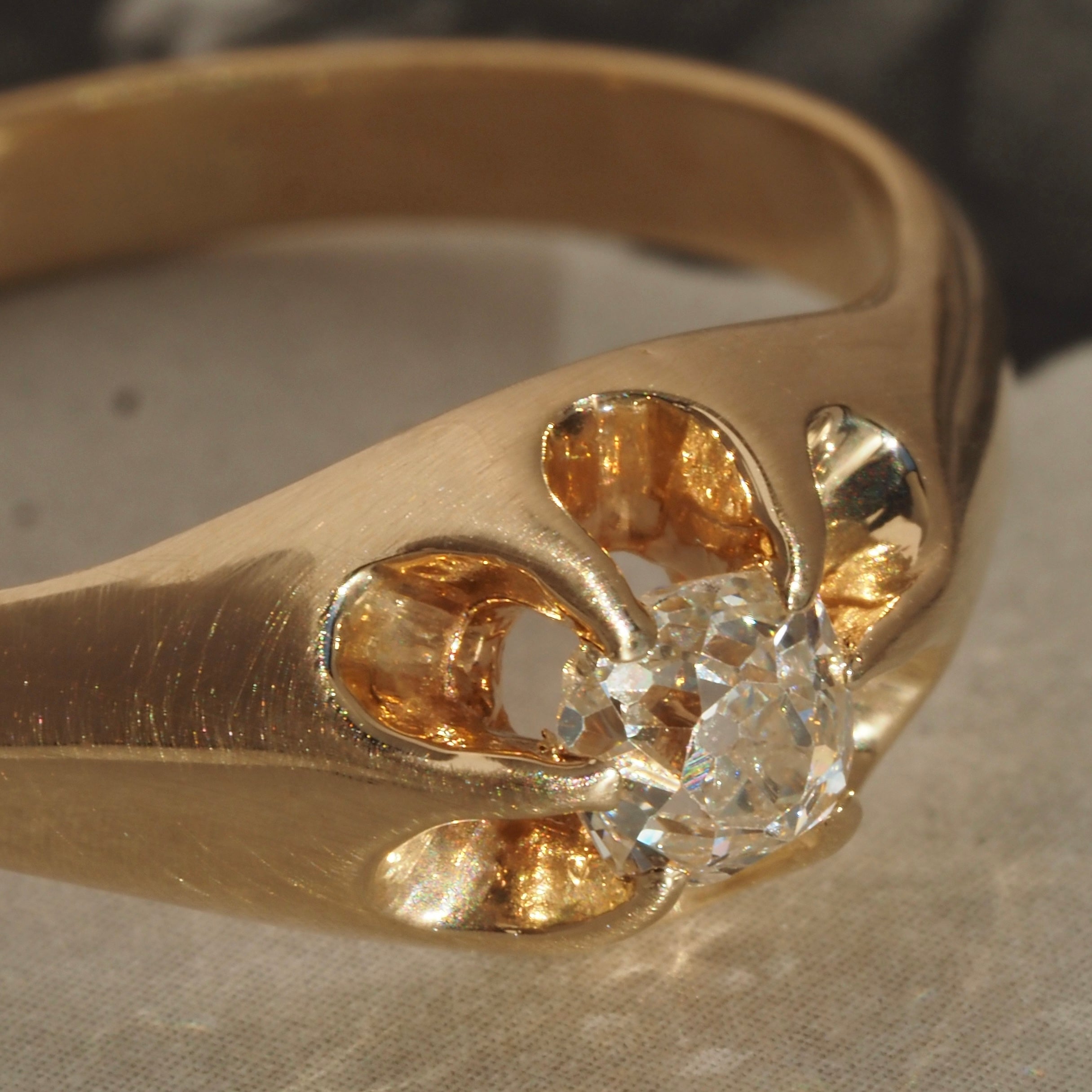 Antique Old Mine Cut Diamond Flush Set Belcher 14k Gold Engagement Ring