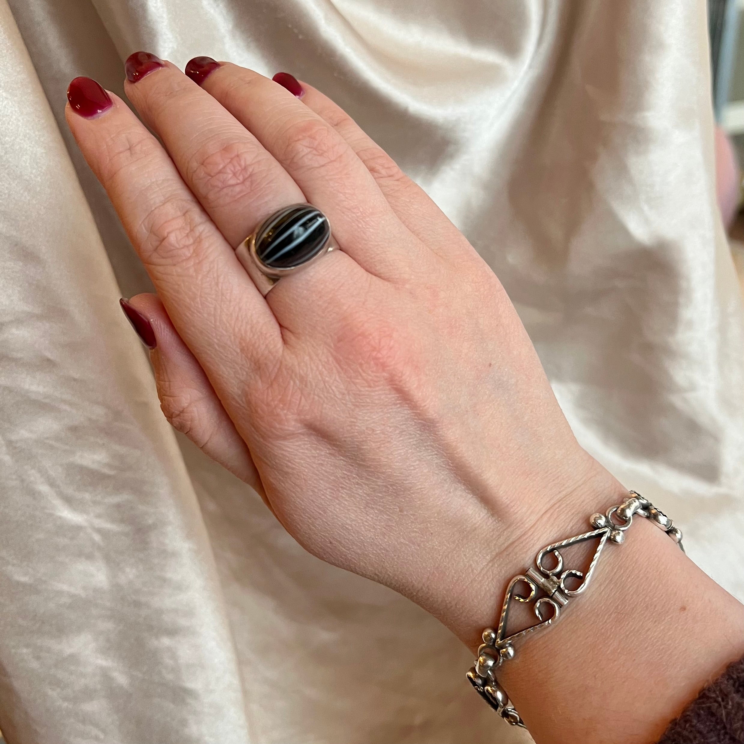 Vintage Sterling Silver Banded Agate Wide Band