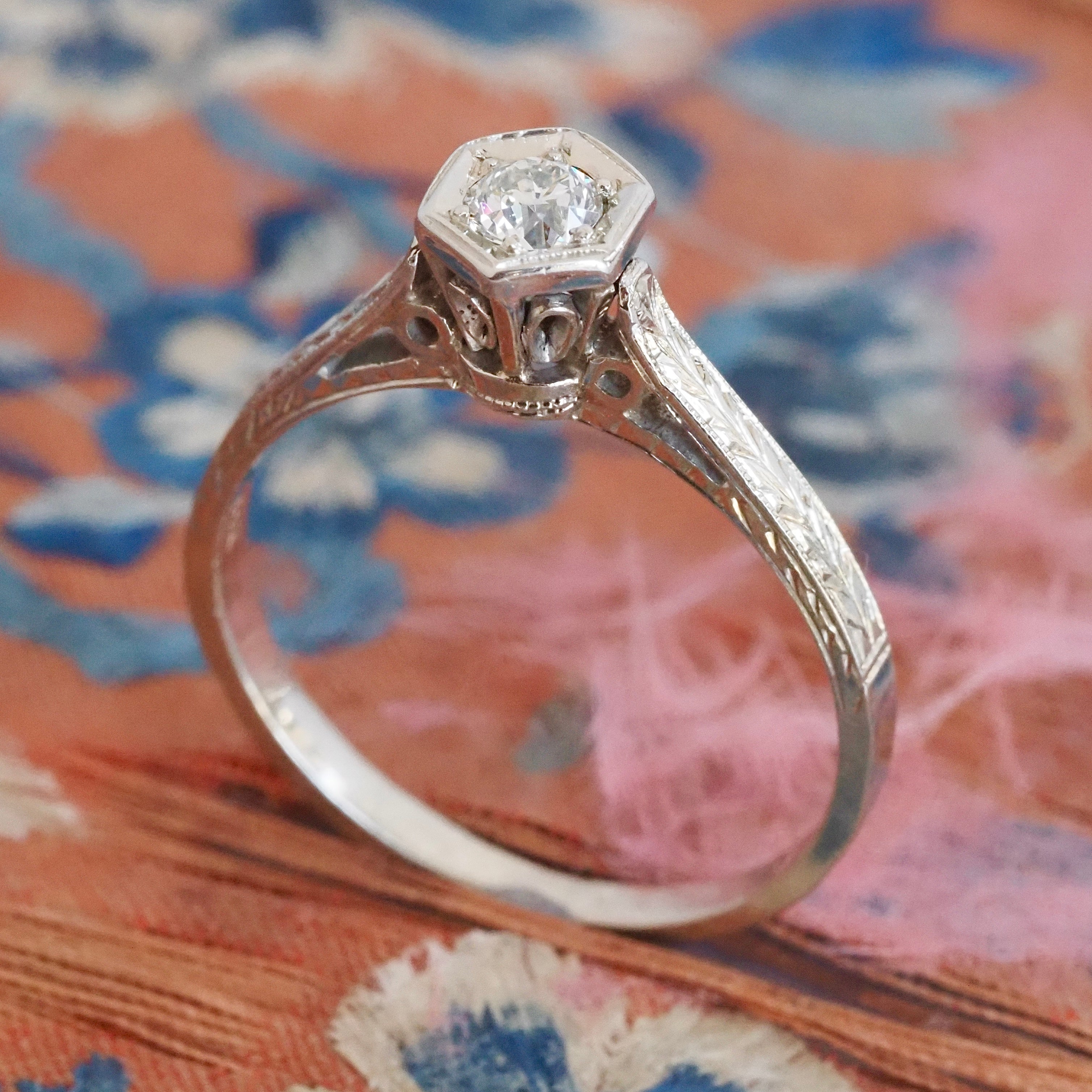 Antique Art Deco 14k White Gold Old European Cut Diamond Engagement Ring