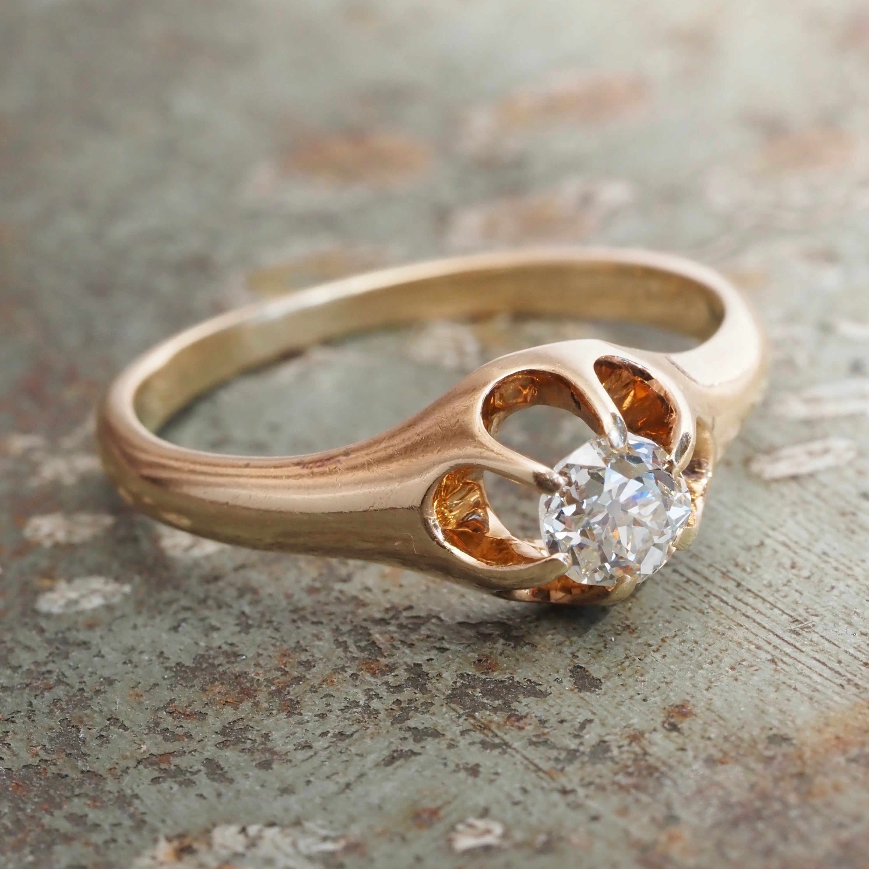 Antique 14k Gold Belcher Set Old Mine Cut Diamond Ring