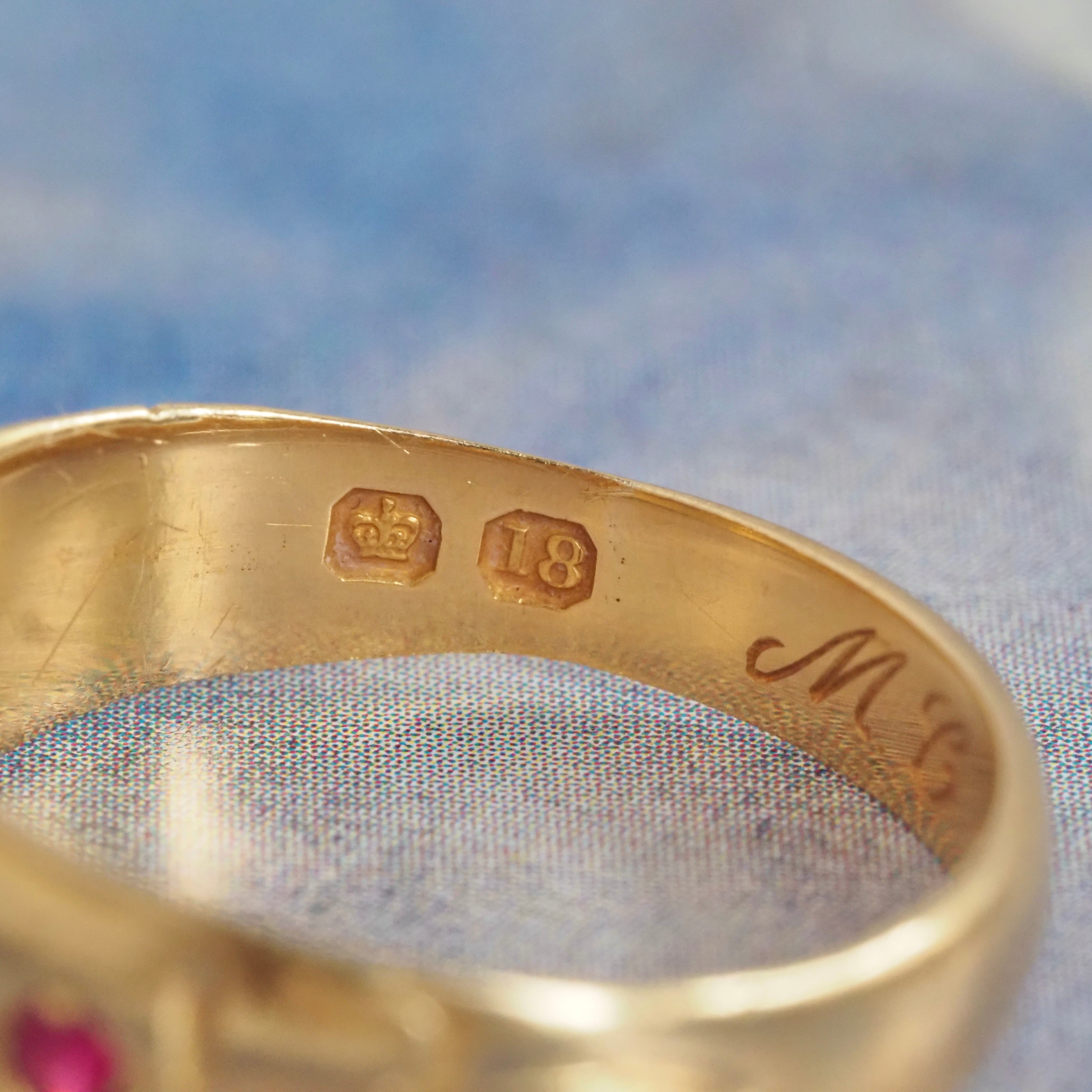 Antique English 18k Gold Natural Ruby and Rose Cut Diamond Flush Set Ring