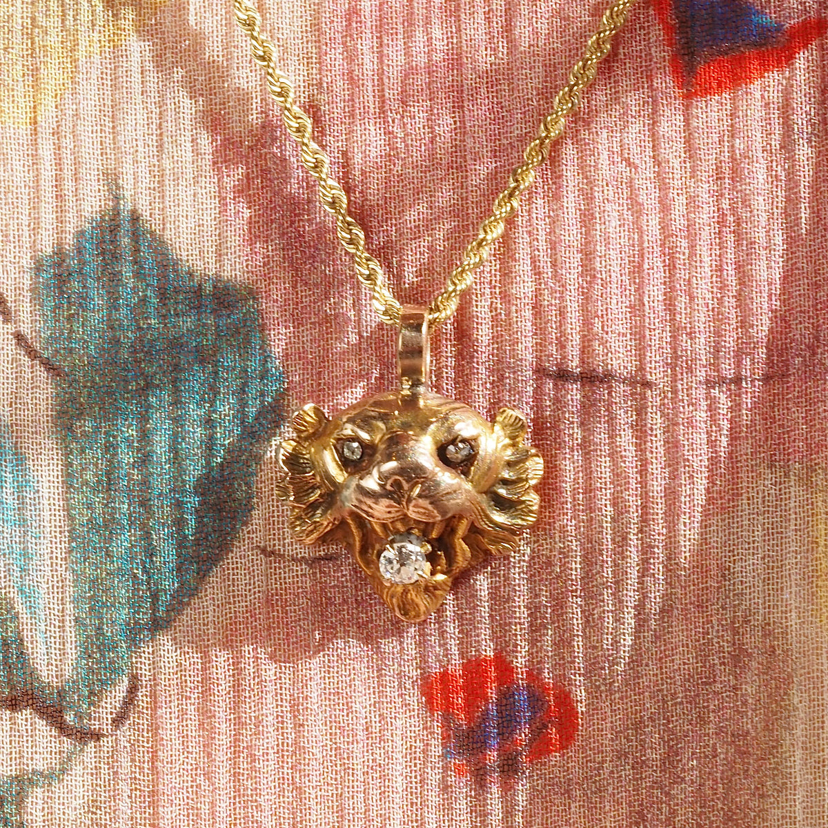 Antique Victorian Lion with Old Mine Cut Diamonds 14k Gold Pendant