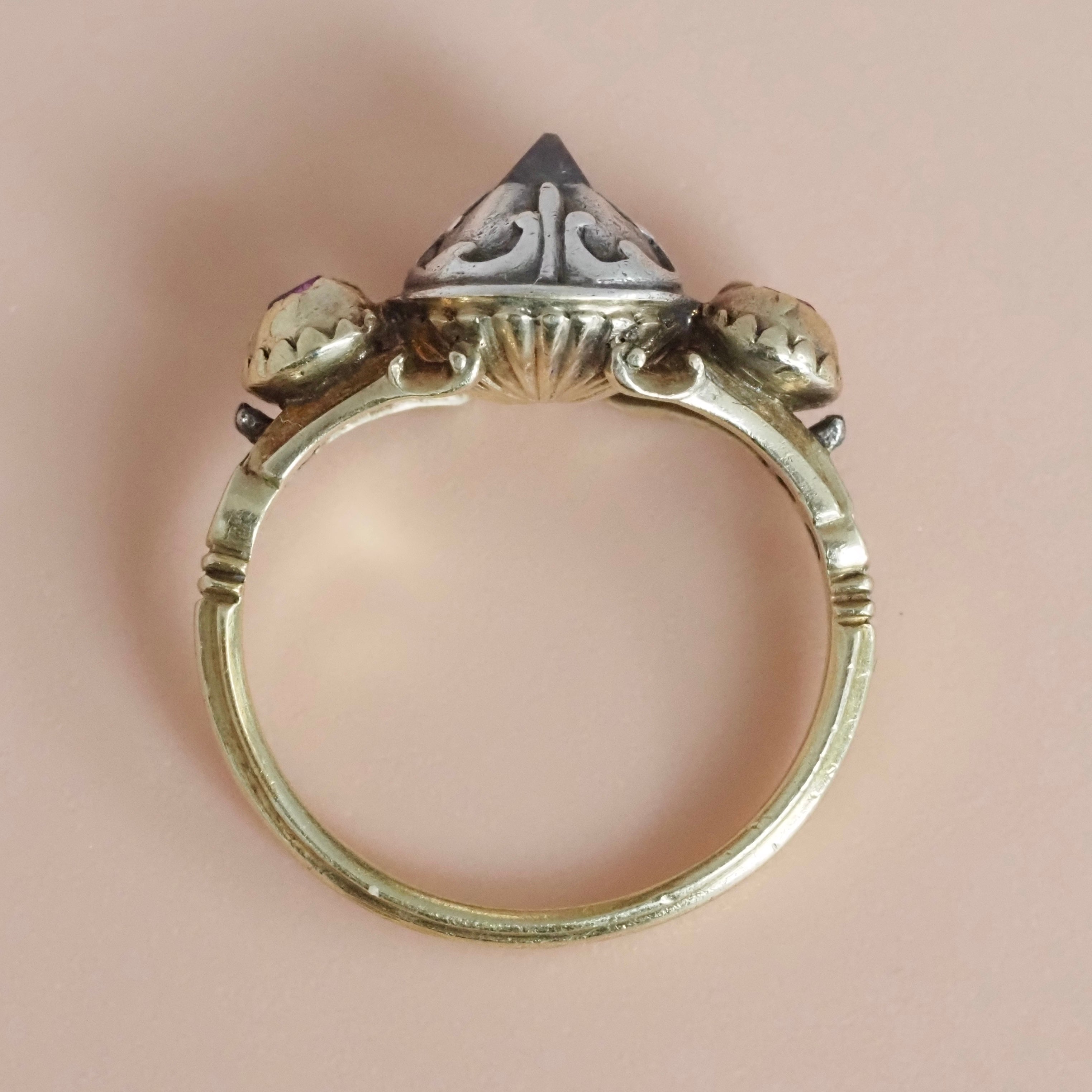 Antique Late 17th Century Baroque 18k Gold and Sterling Silver Point Cut Diamond and Table Cut Ruby Ring
