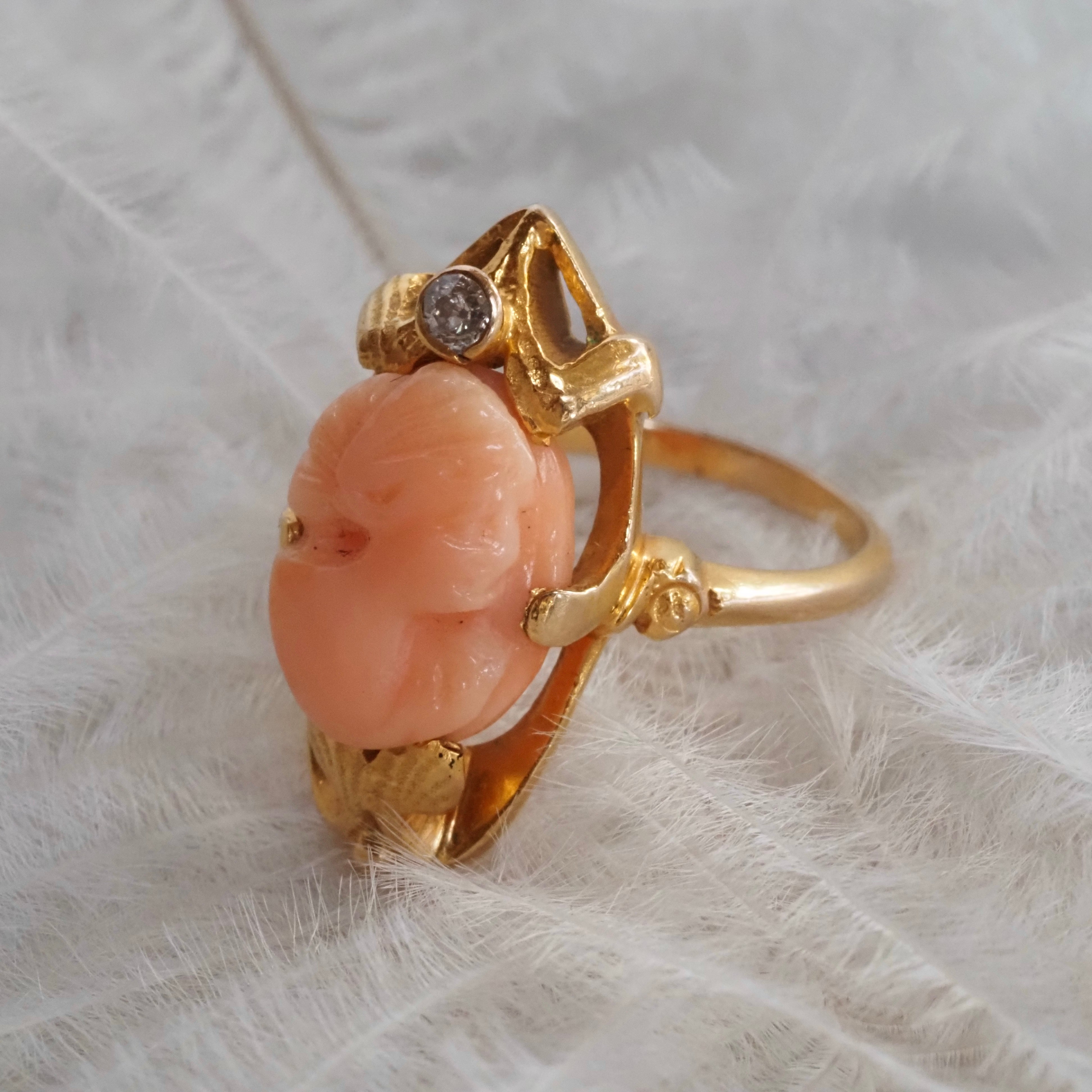 Antique Art Nouveau Bloomed 14k Gold Coral Cameo and Diamond Ring