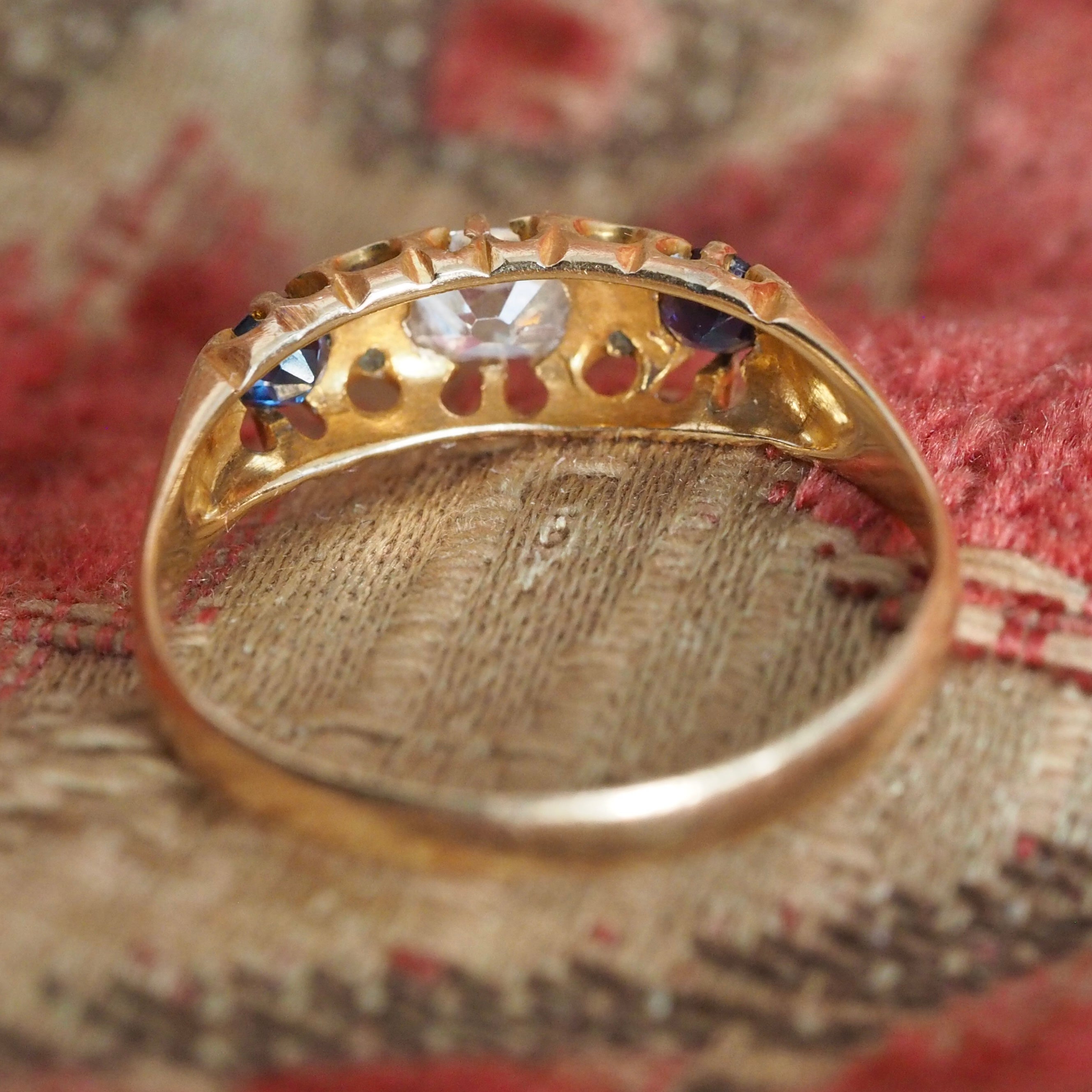 Antique English 18k Gold Old Mine Cut Diamond and Natural Sapphire Ring