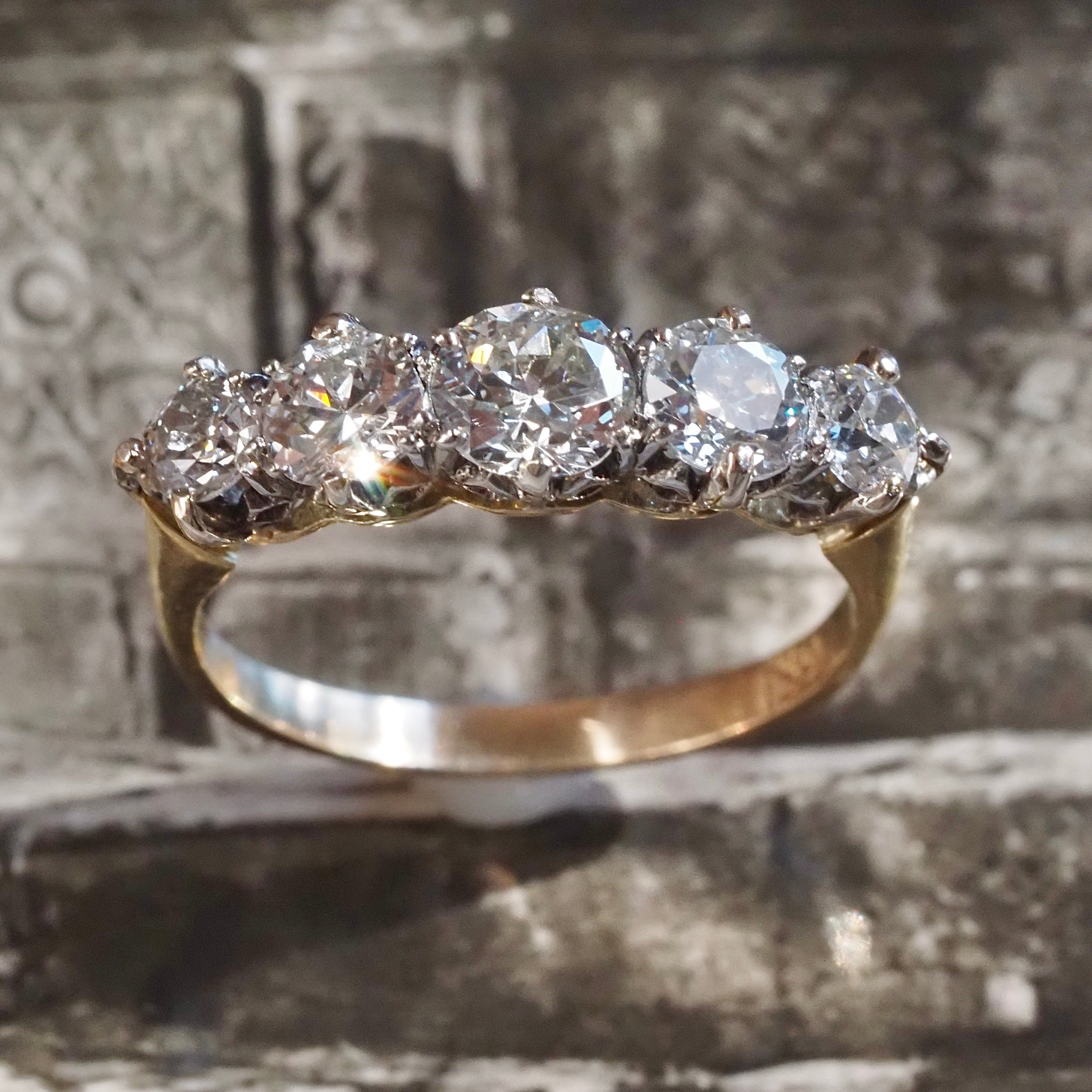 Mid Century Five Stone Old European and Transitional Cut Diamond 14k Gold Ring
