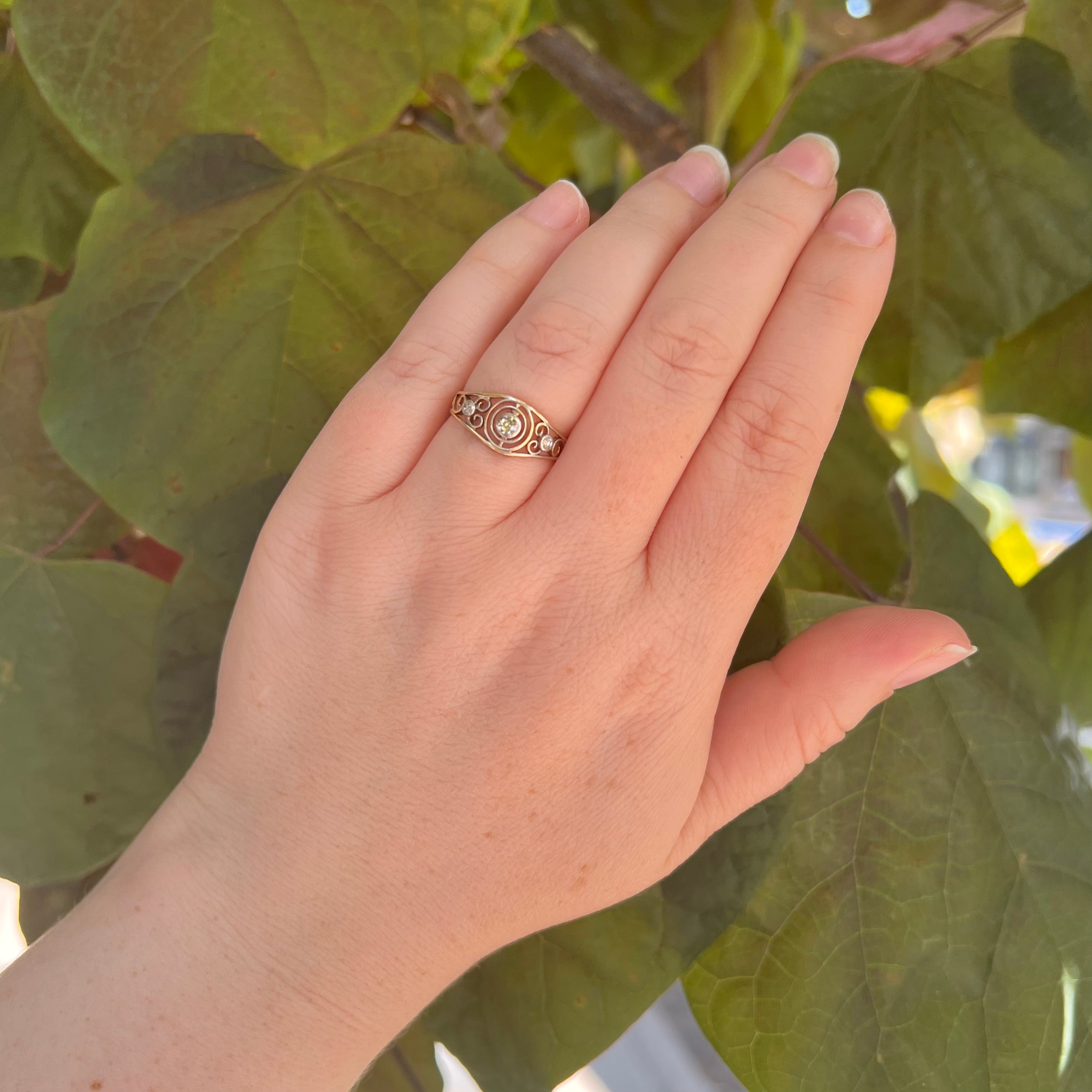 Antique Art Nouveau 14k Gold Diamond Scroll Ring
