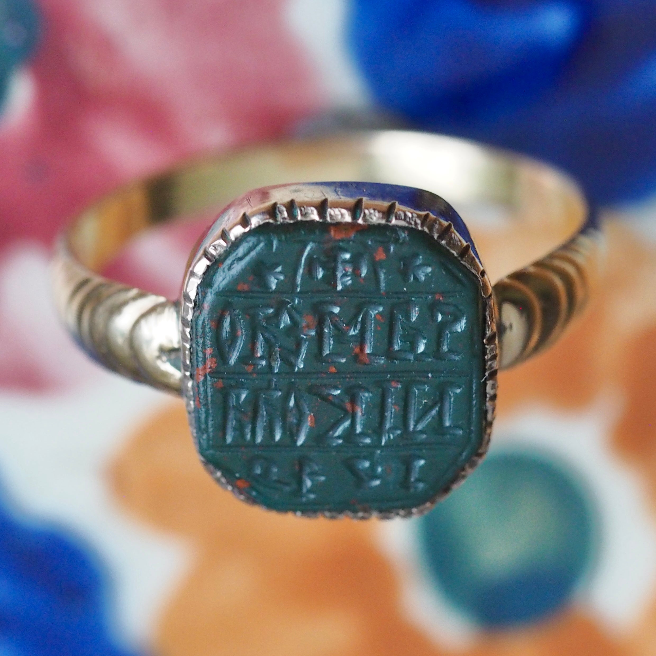 Antique 14k Gold Signet Ring with c. 1749 Cyrillic Bloodstone Intaglio