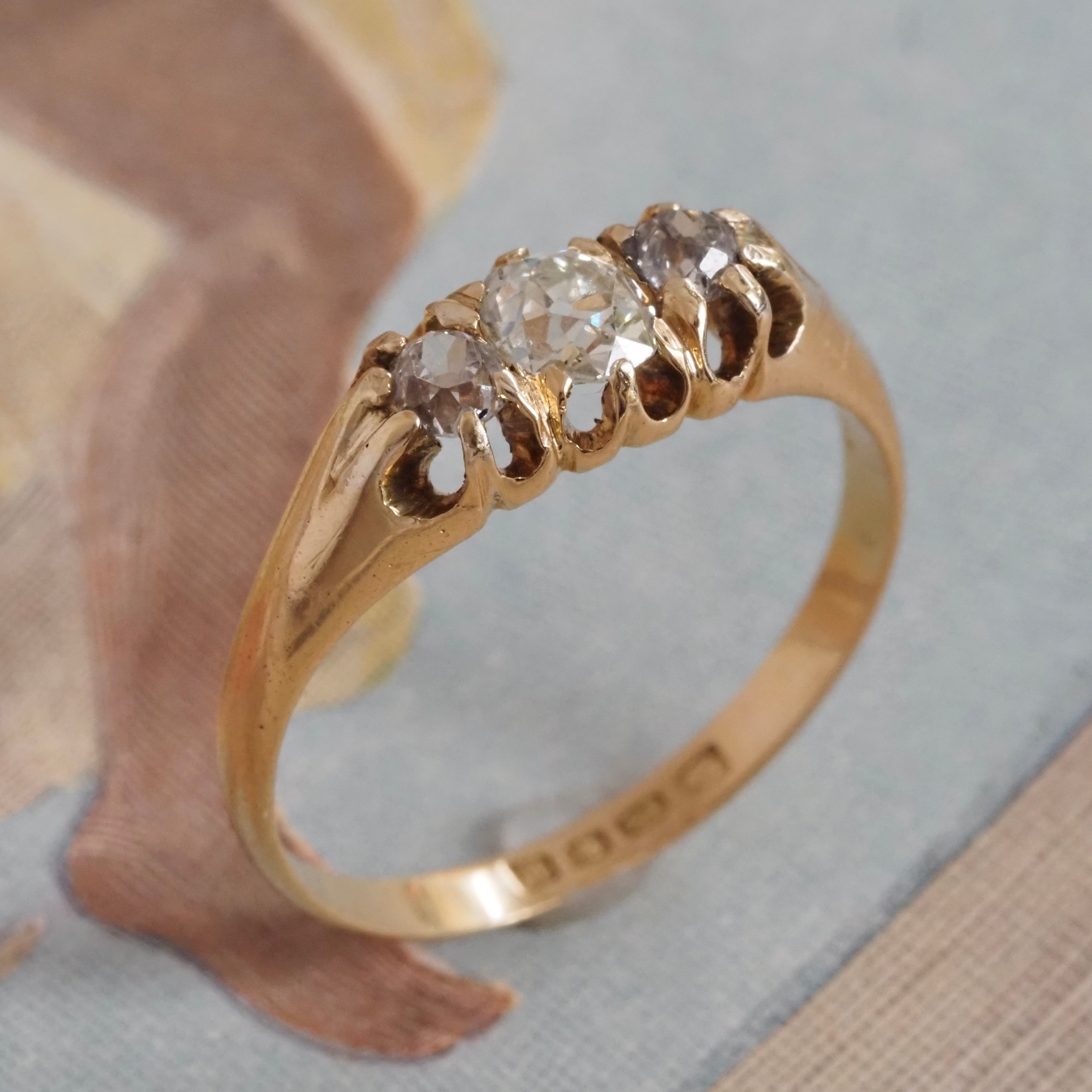 Antique English c.1905 Old Mine Cut Diamond Trilogy 18k Gold Ring