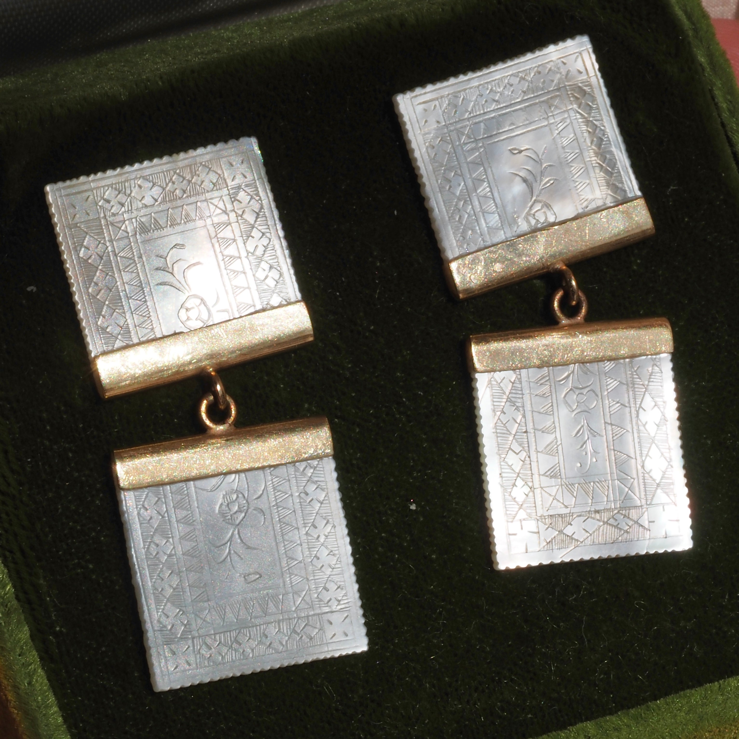 Antique Chinese Mother of Pearl Gambling Chip 14k Gold Earrings