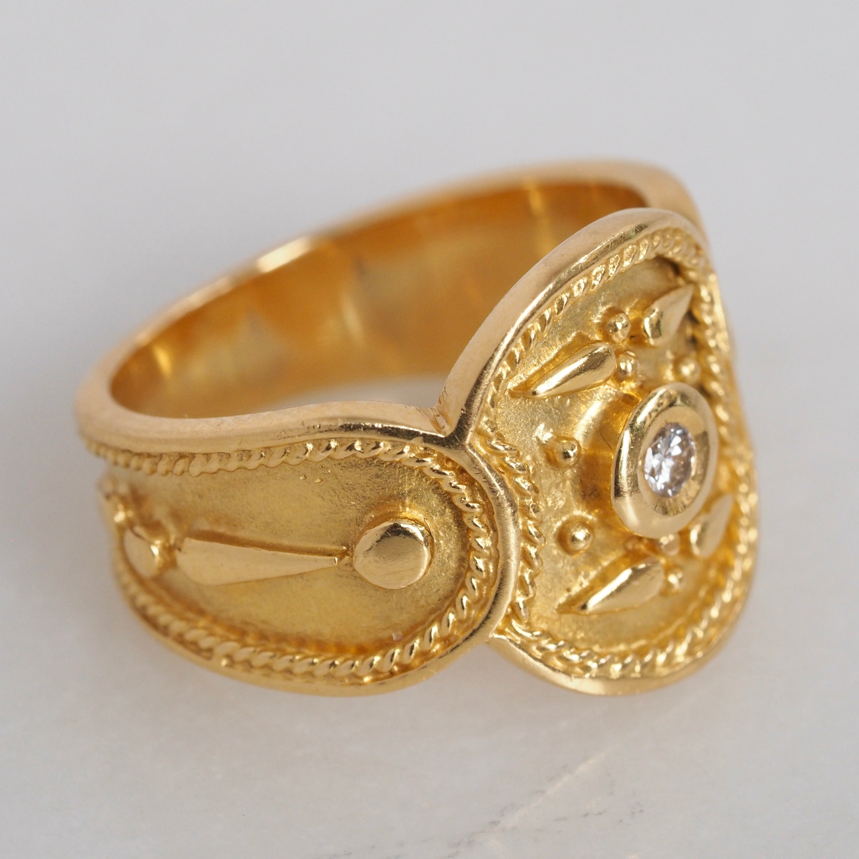 Vintage Portuguese 19k Gold and Bezel Set Diamond Ornate Ring