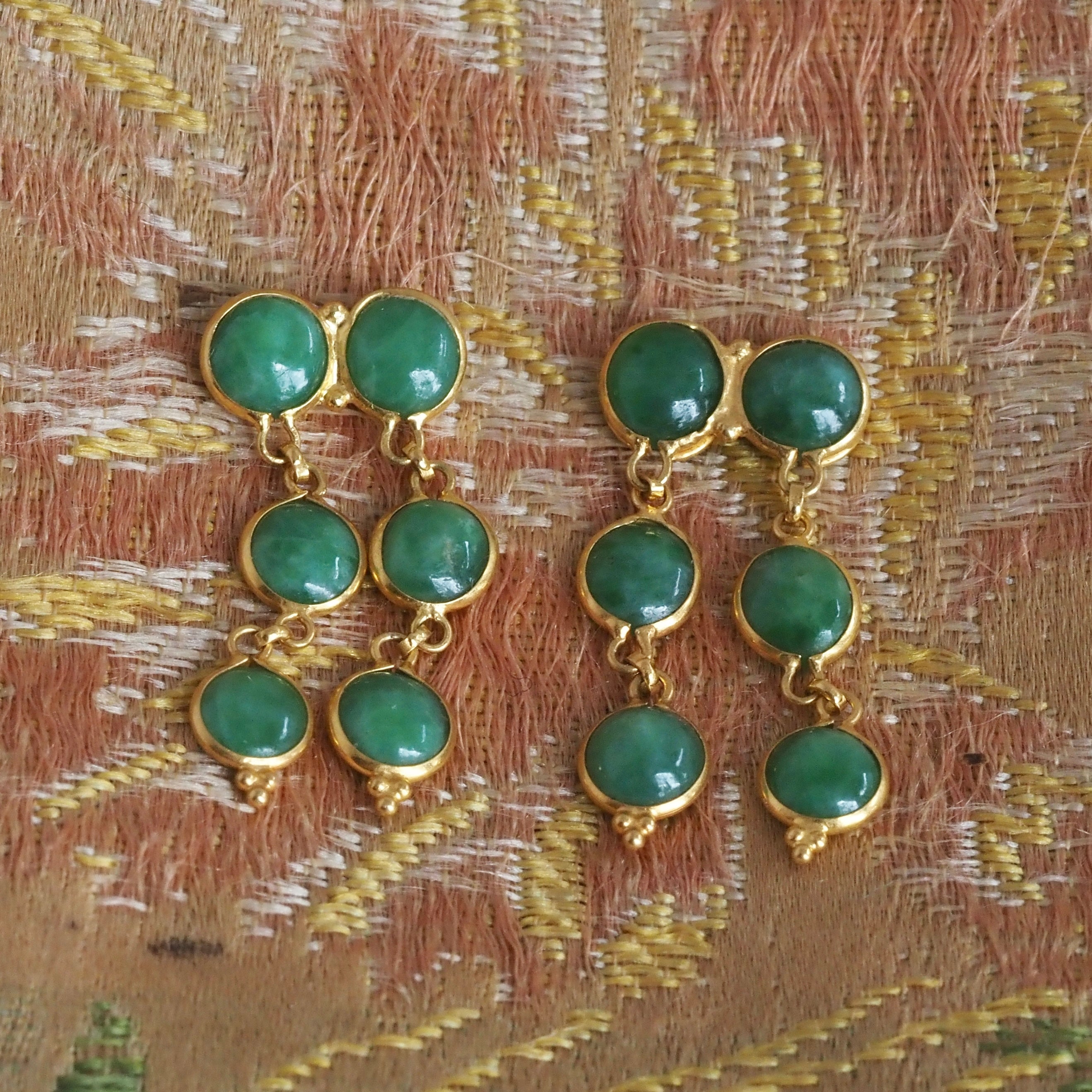 Vintage Ancient Style 22k Gold Jade Double Drop Earrings