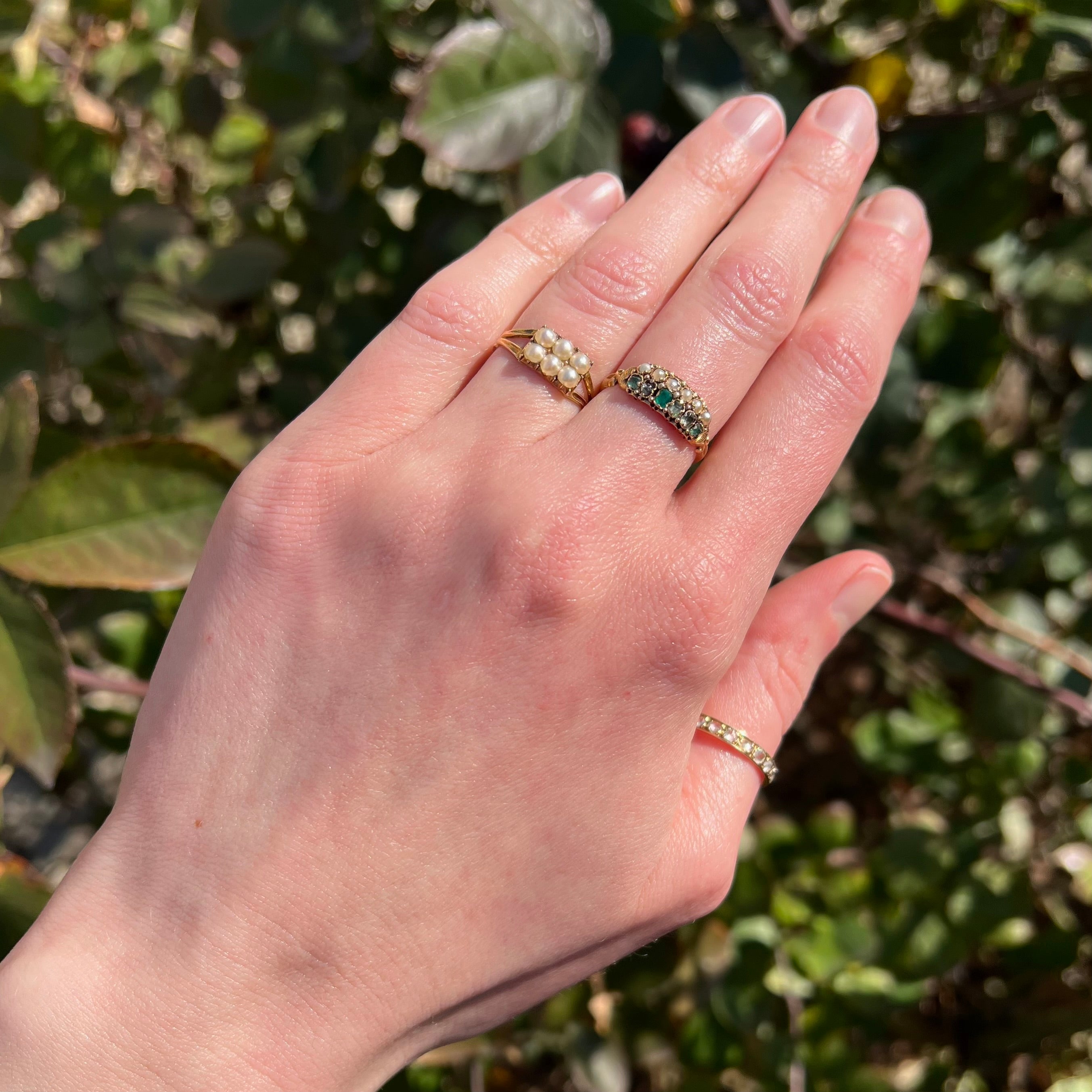 Antique English Victorian Emerald and Paste Seed Pearl 18k Gold Ring
