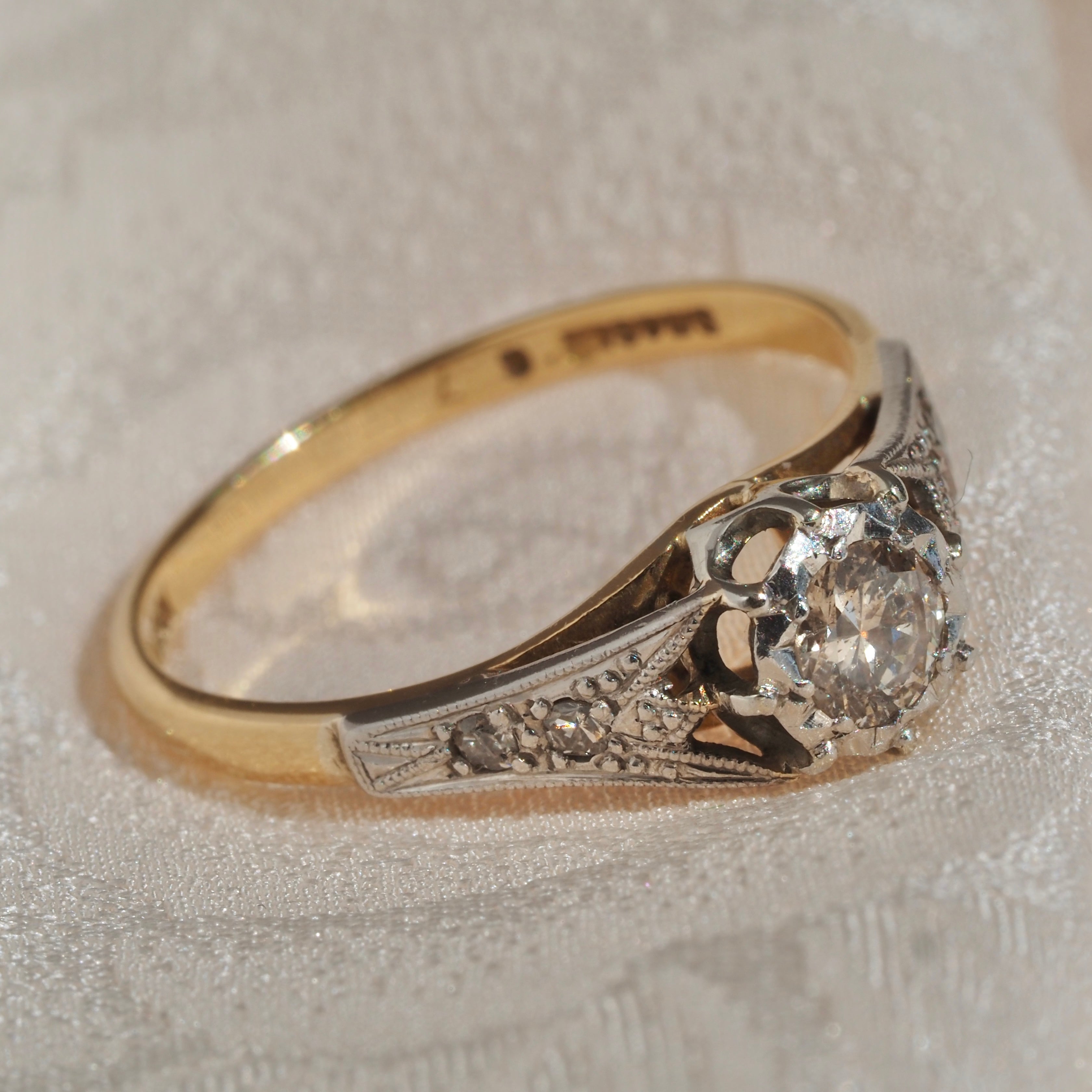 Antique Edwardian 18k White and Yellow Gold Transitional Cut Diamond Solitaire Engagement Ring