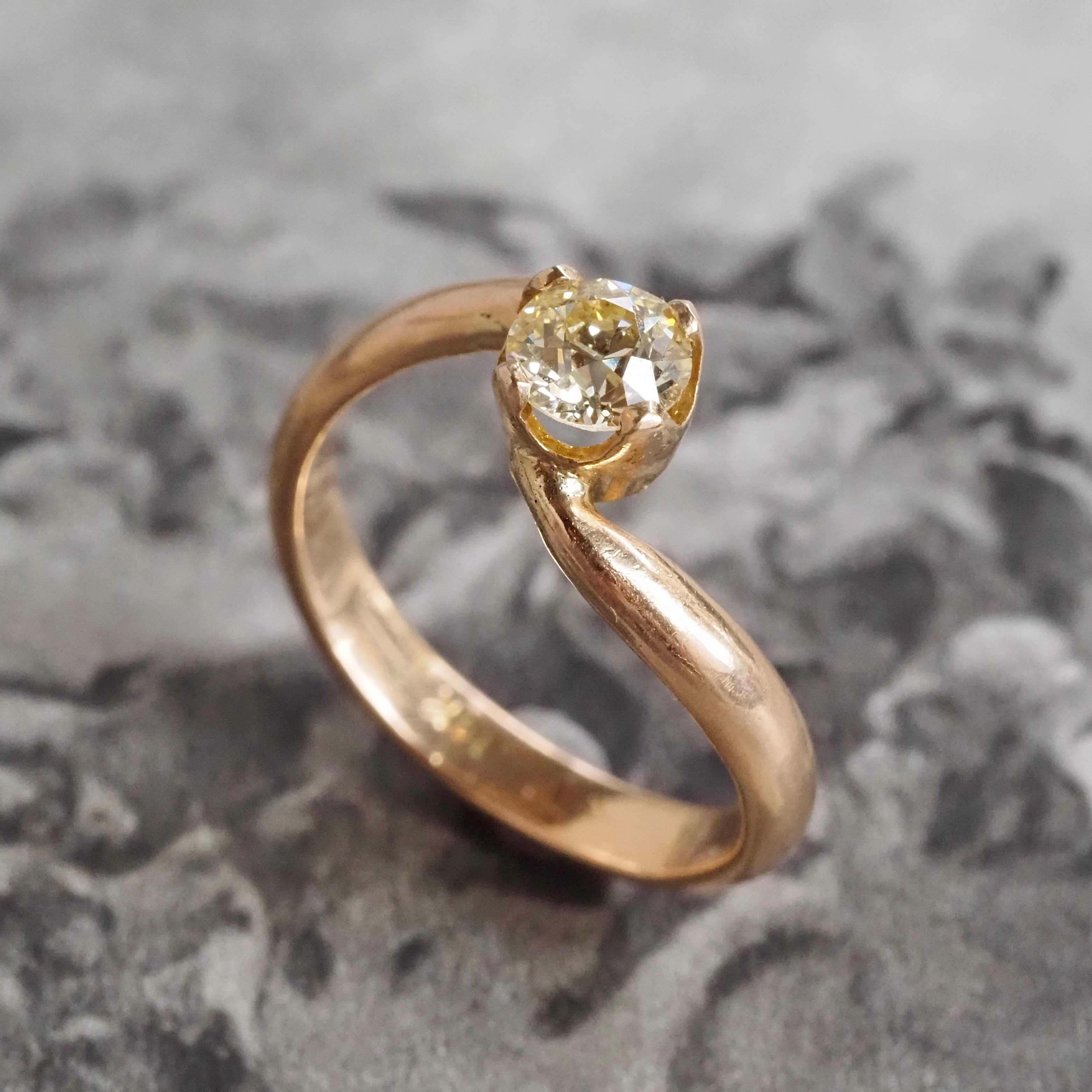 Mid-Century Light Yellow Old European Cut Diamond 14k Gold Bypass Solitaire Engagement Ring
