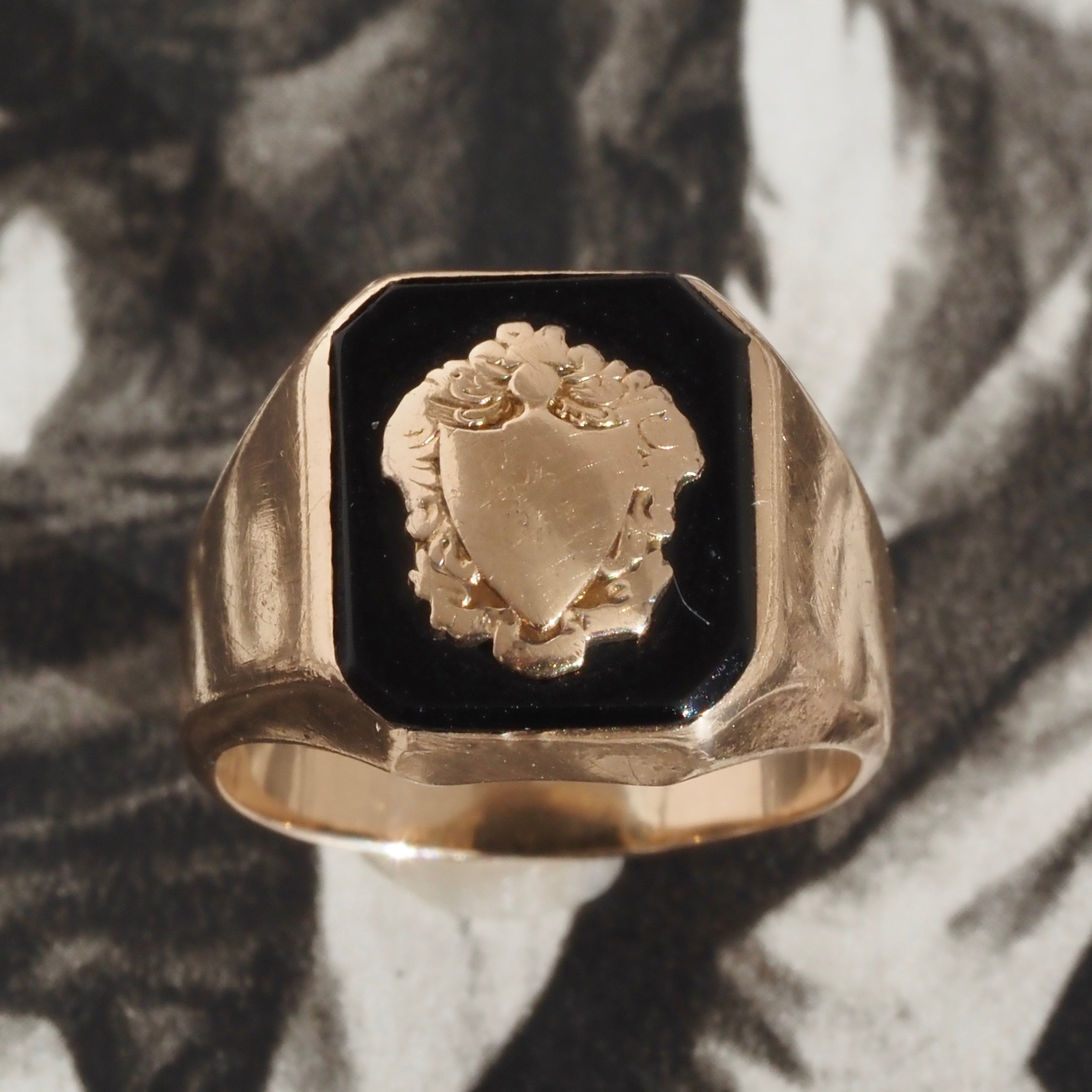 Antique Onyx Crest with Shield 10k Gold Signet Ring