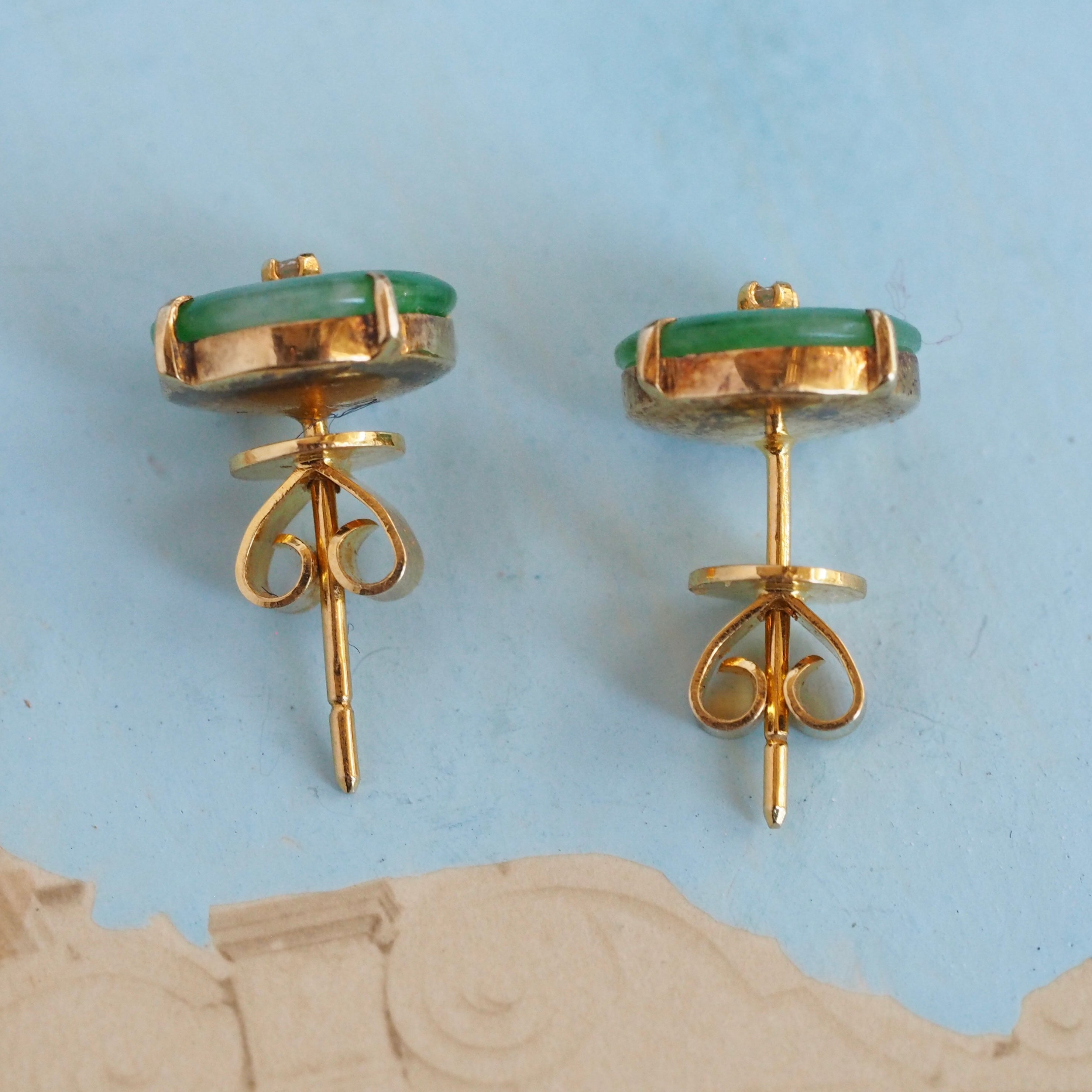 Vintage 18k Gold Jade and Diamond Earrings