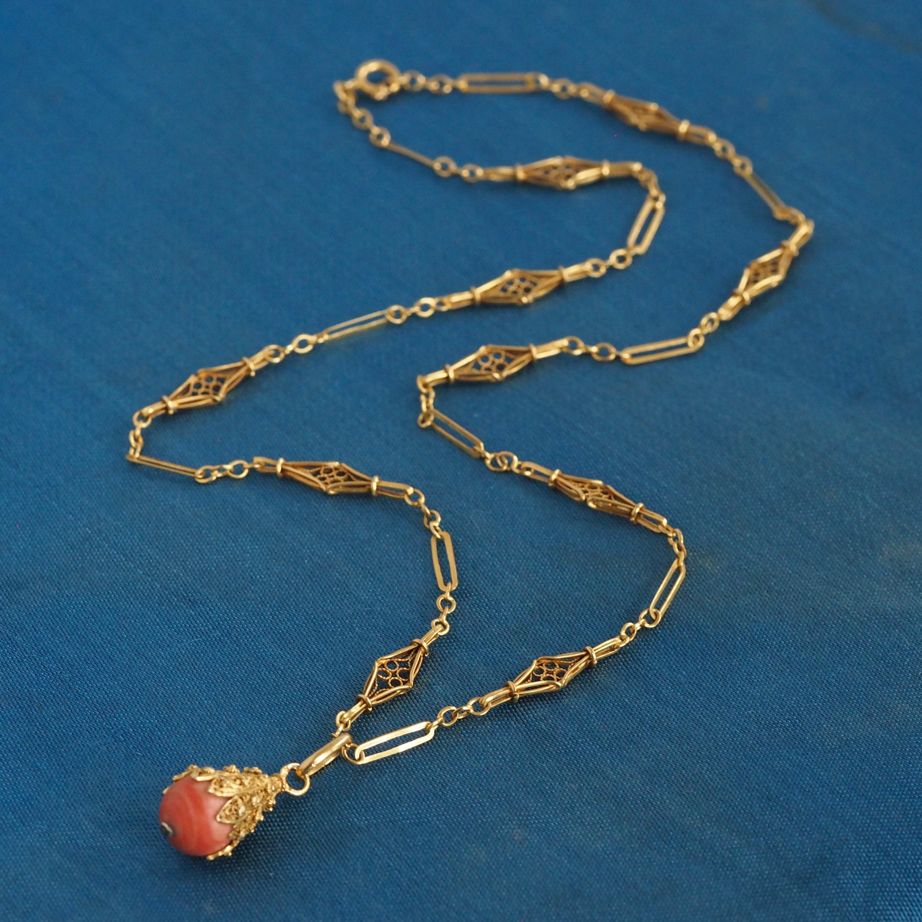 Antique Portuguese 19k Gold Filigree Coral Necklace