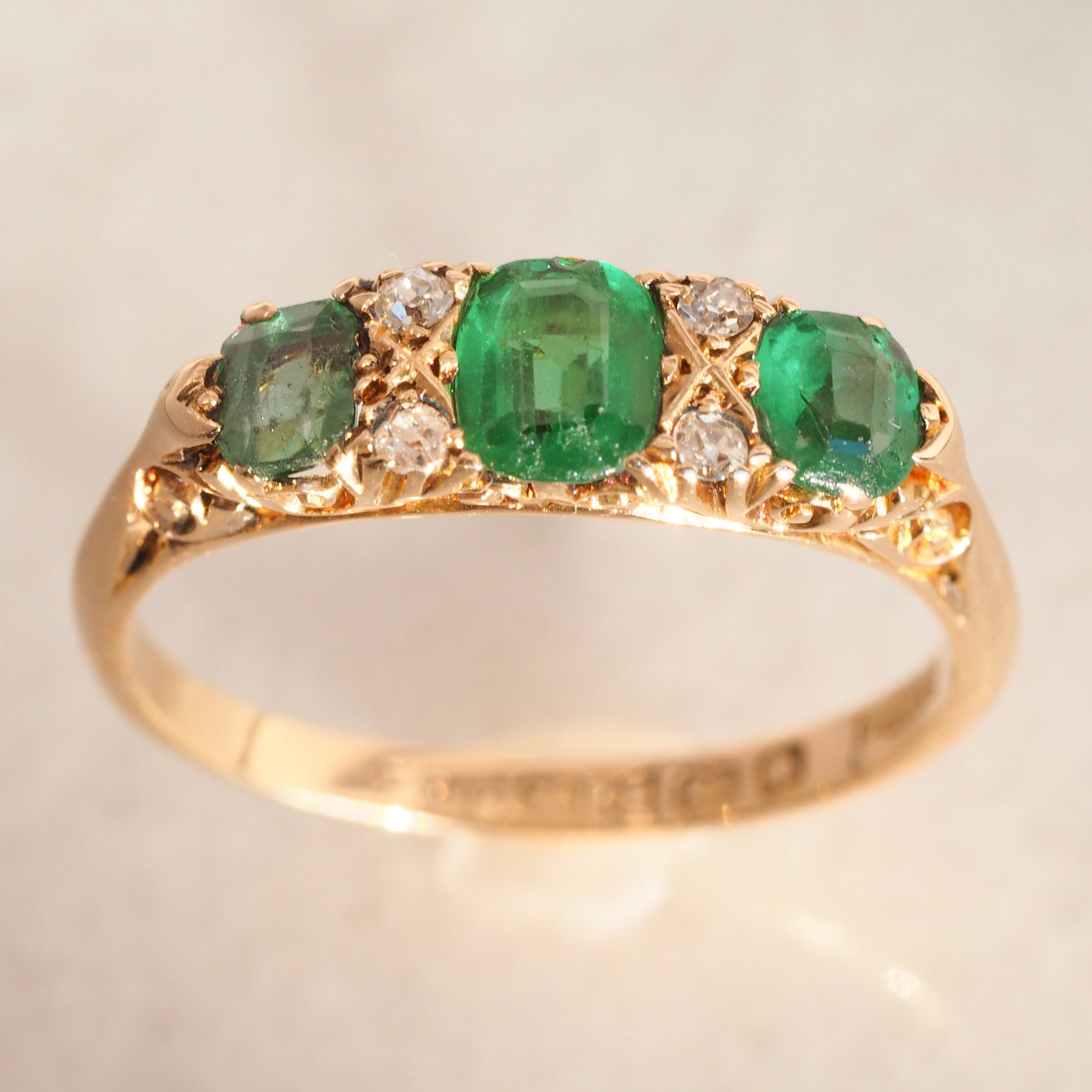 Antique Edwardian English 18k Gold Emerald and Old Mine Cut Ring