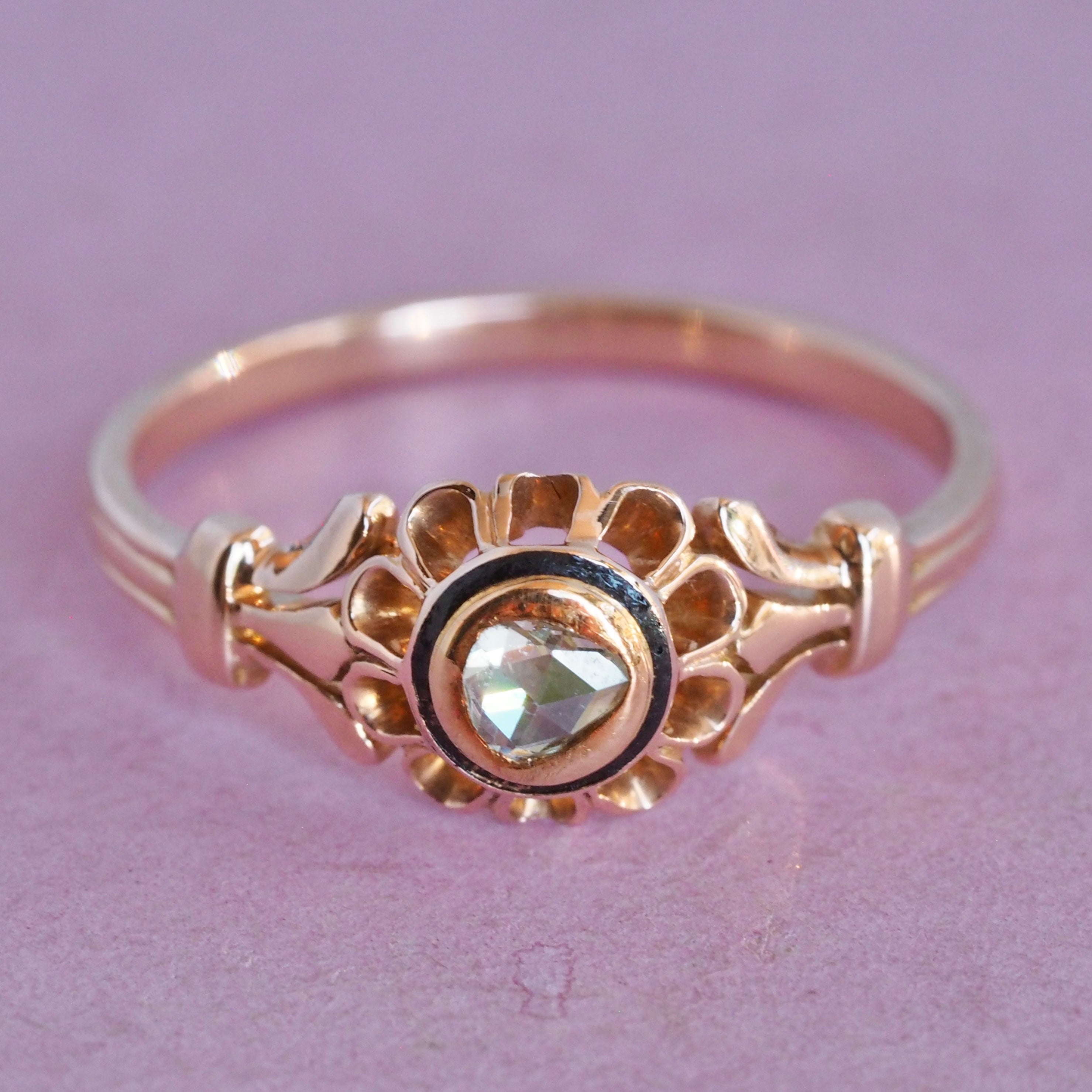 Antique Victorian 18k Rose Gold Foiled Back Rose Cut Diamond and Enamel Ring