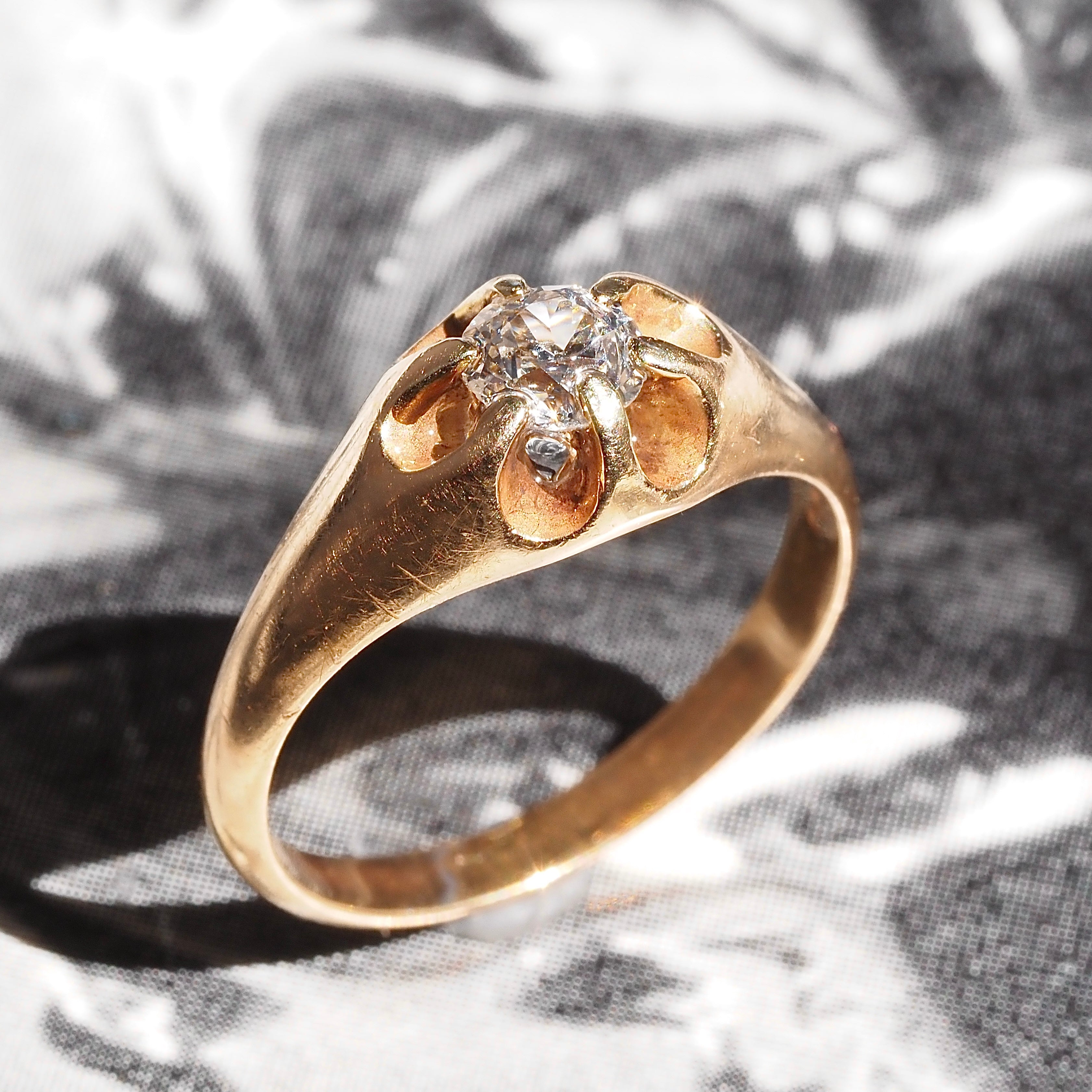 Antique Old Mine Cut Diamond Belcher Set 14k Gold Engagement Ring