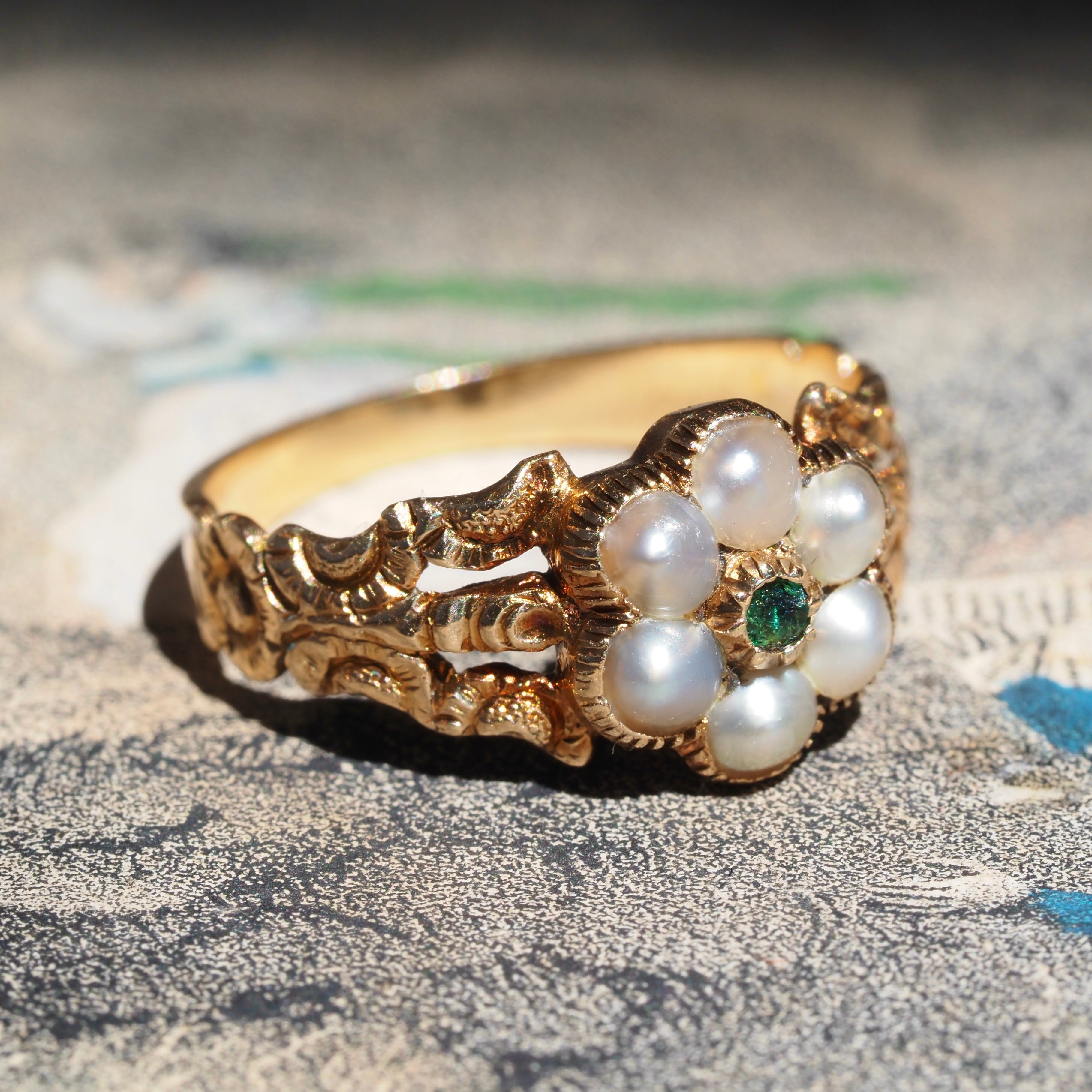 Antique Georgian Seed Pearl and Green Paste Flower Engraved Mourning Ring