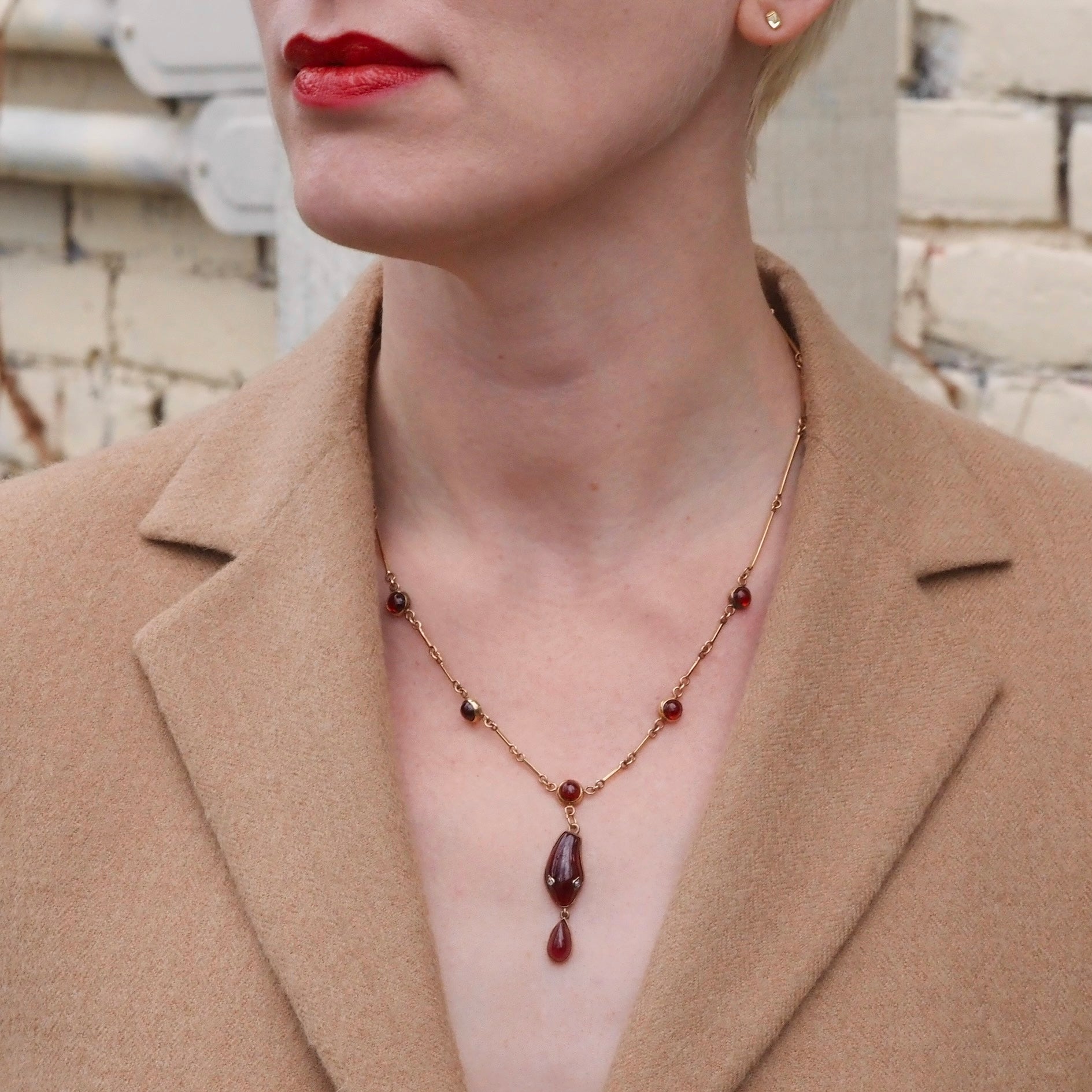 Antique Garnet Snake with Rose Cut Diamond Eyes 14k Gold Necklace