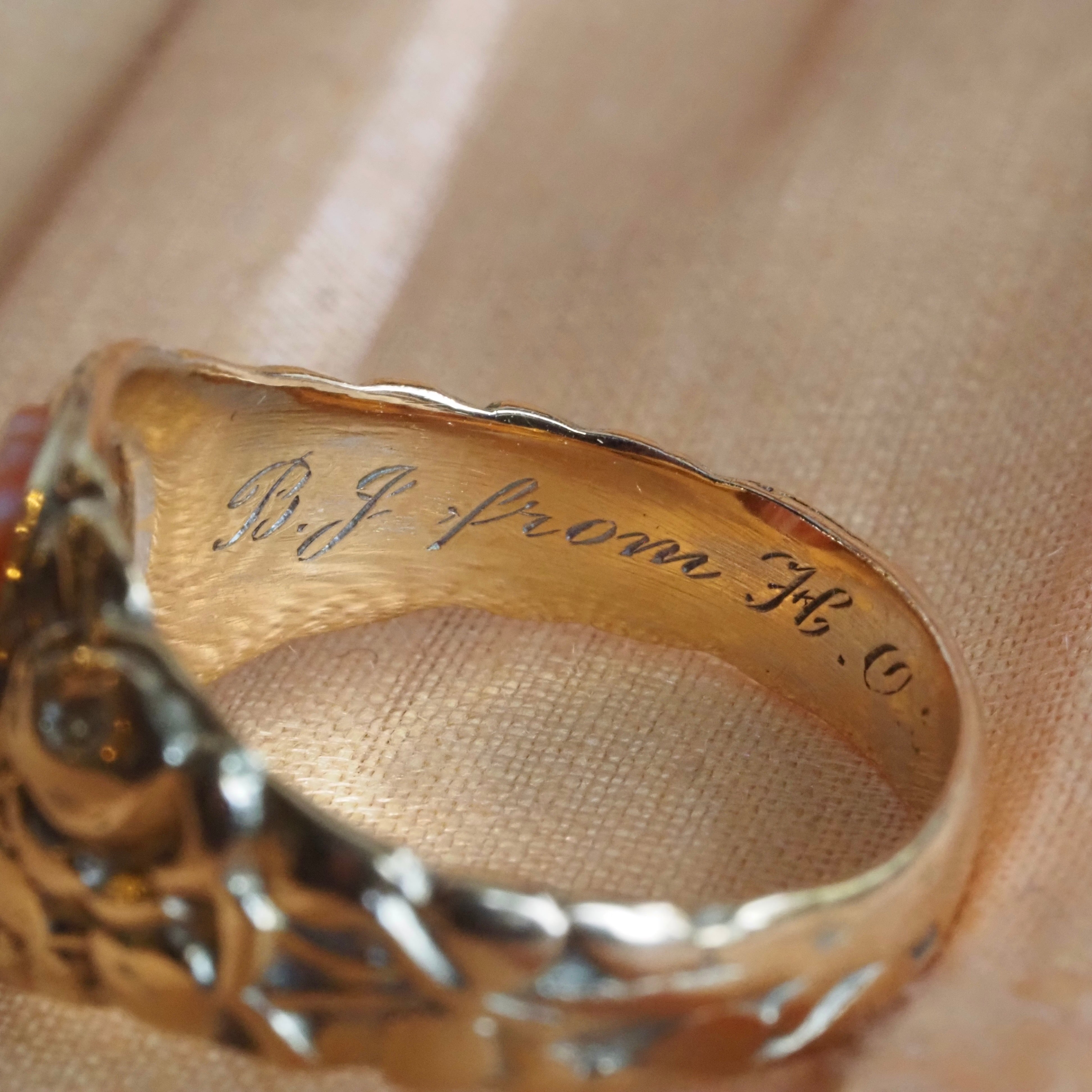 Antique Art Nouveau Banded Agate 14k Gold Roses Signet Ring
