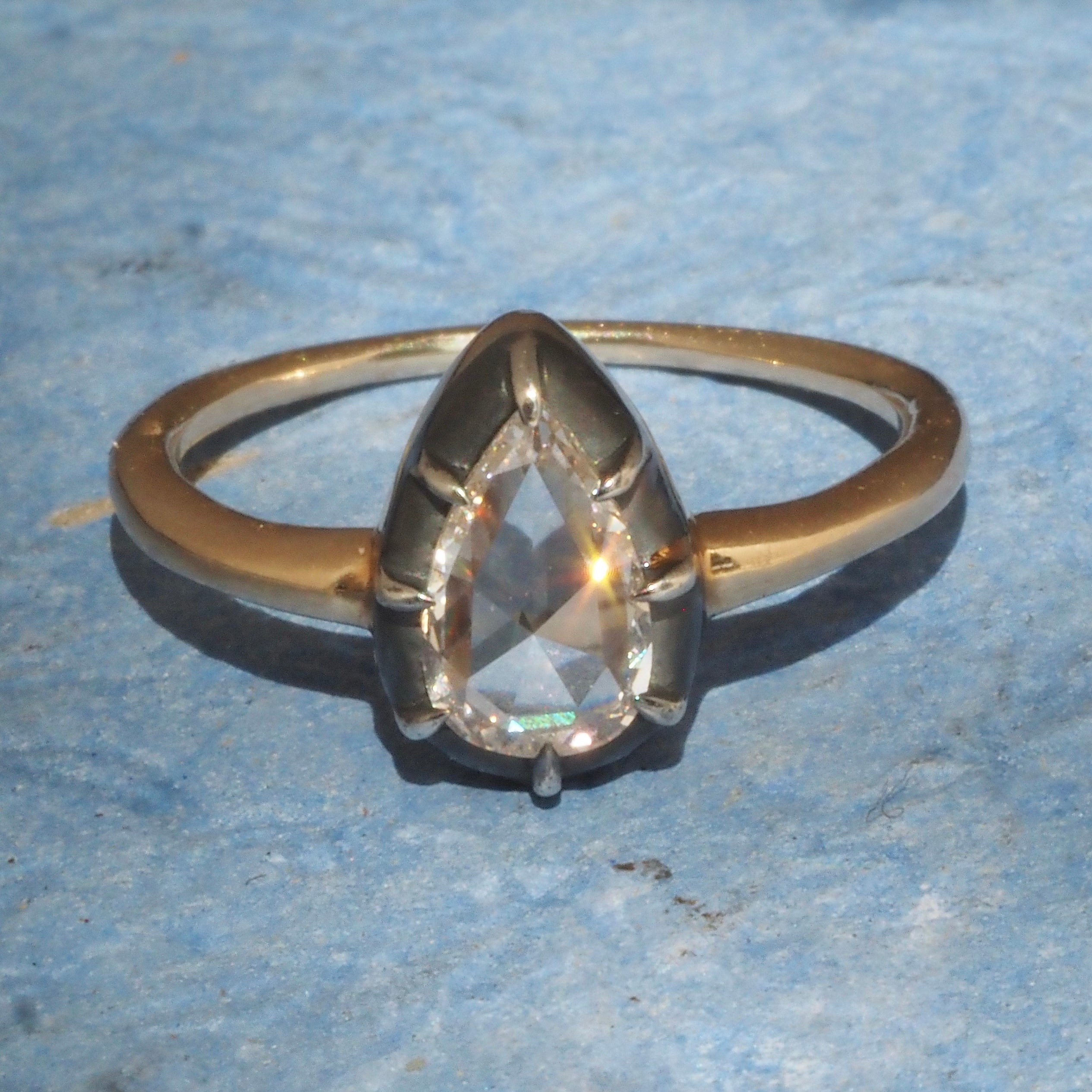 Georgian Style Pear Rose Cut Diamond 14k Gold and Sterling Silver Solitaire Engagement Ring